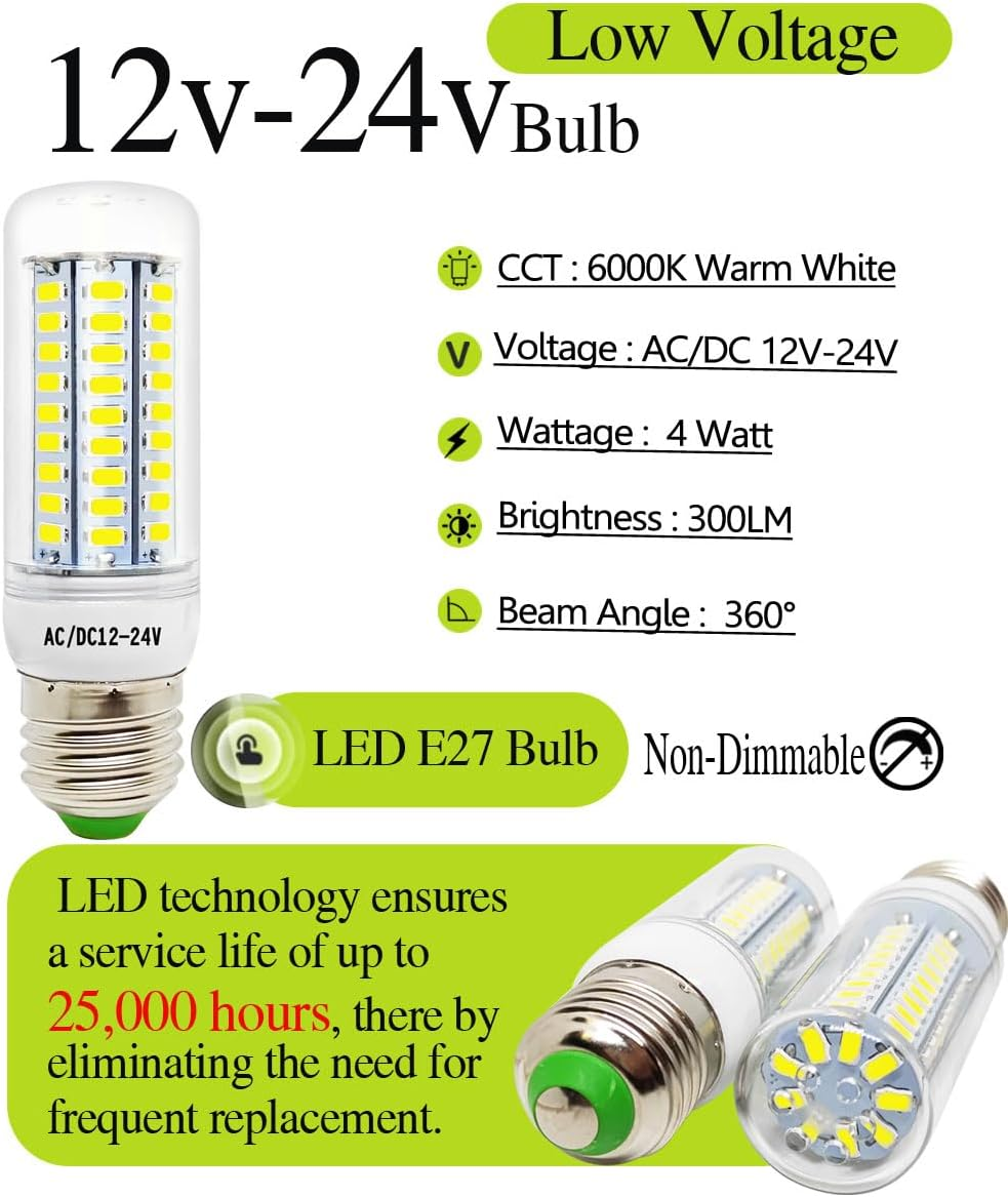 Wossluck LED E27 Corn Bulb, 4W 12V-24V Low Voltage, 6000K Cool White, 30W Replacement, for Solar Lighting, RV Boat, Caravan Interior Lighting, Pack of 3 image number 1