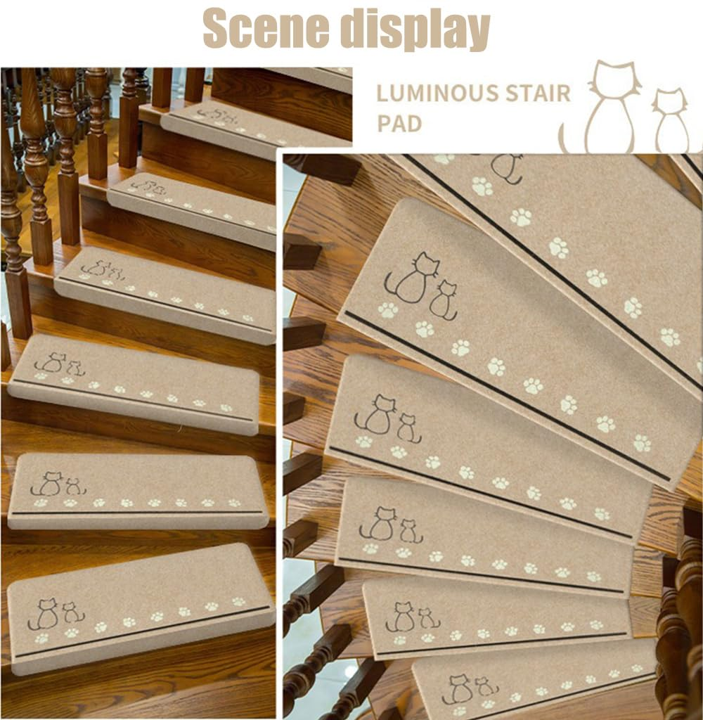 2 Pack Luminous Stair Treads Mats Anti-Slip Rugs Night Light Luminous Pads Runner Mute Home Decor Cat Staircase Carpets Protector Pattern Floor Mat Kitchen Rug for Kids and Dogs image number 6