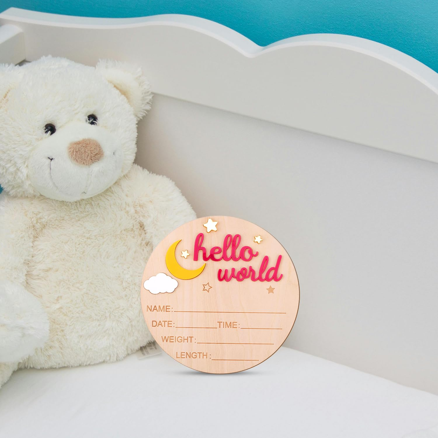 Wooden Hello World Newborn Sign, Cute Birth Announcement Board Baby Announcement Sign Newborn Welcome Sign Baby Name Plaque for Nursery Hospital Girl Boy Baby Shower Photo Props(Rose Red) image number 6