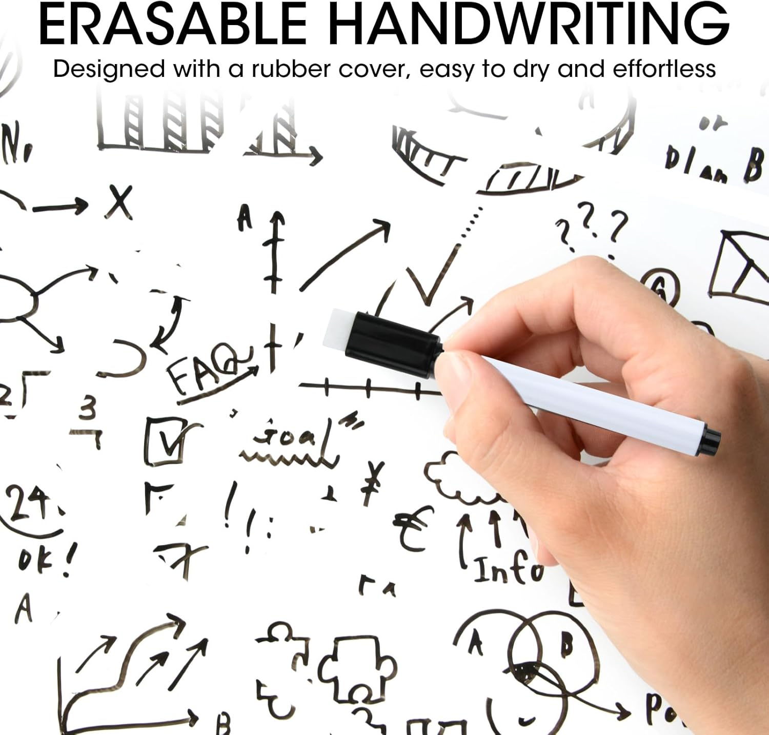 12 Pcs Whiteboard Marker with Eraser, Dry Erasable Markers Fine Point Tip Black with Eraser Cap, White Board Pens for School Office Home Teacher Student Supplies image number 1