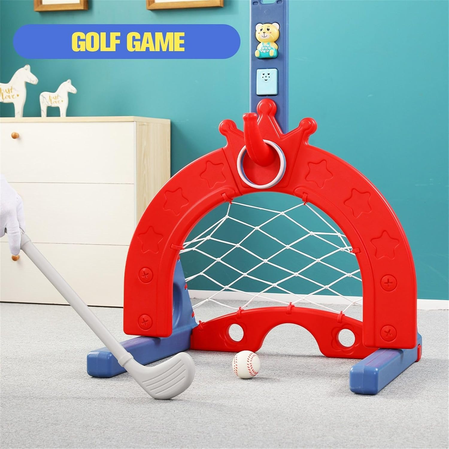 Kids Basketball Hoop Stand Height Adjustable,5In1 Kid Playset, Basketball/Football/Golf/Ring/Storybook, Activity Centry Indoor/Outdoor image number 1