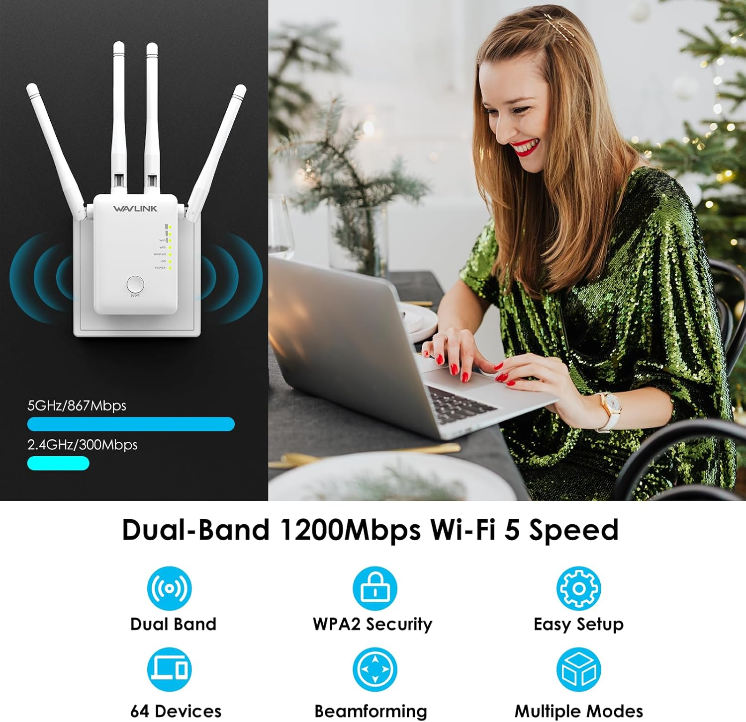 WAVLINK AC1200 Wi-Fi Range Extender, Dual Band 867Mbps 5Ghz/300Mbps 2.4Ghz Wifi Extender/Ap/Router with 2Xethernet Port, WPS Easy Set Up, Wifi Booster & Repeater for Wall Plug Design, White image number 3