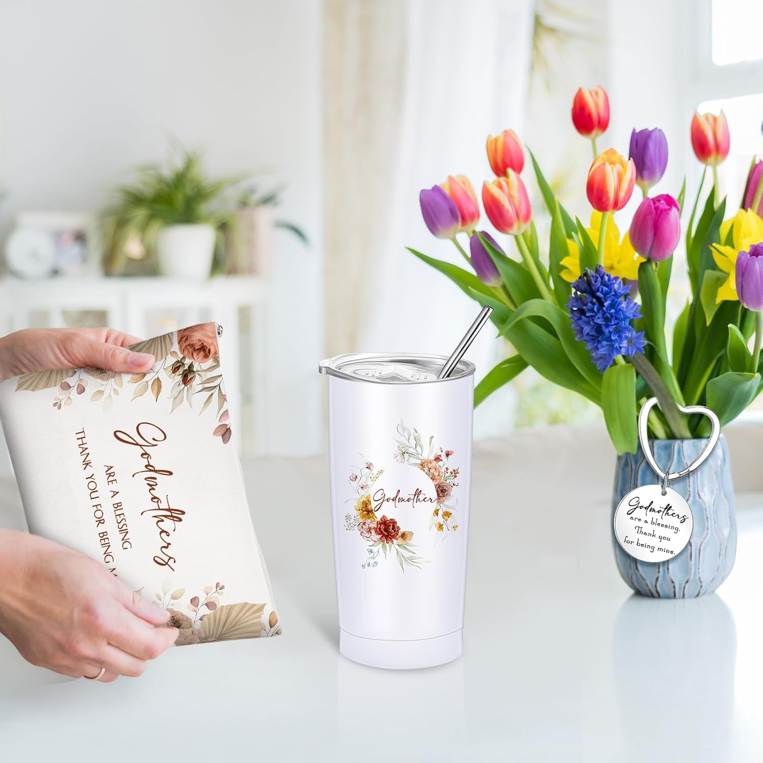 Sieral 3 Pcs Godmother Proposal Gifts Will You Be My Godmother 20Oz Stainless Steel Tumbler Makeup Bag Keychain from Godchild Christmas Birthday Baptism Mother'S Day Gift for God Mom(Boho Flowers) image number 4