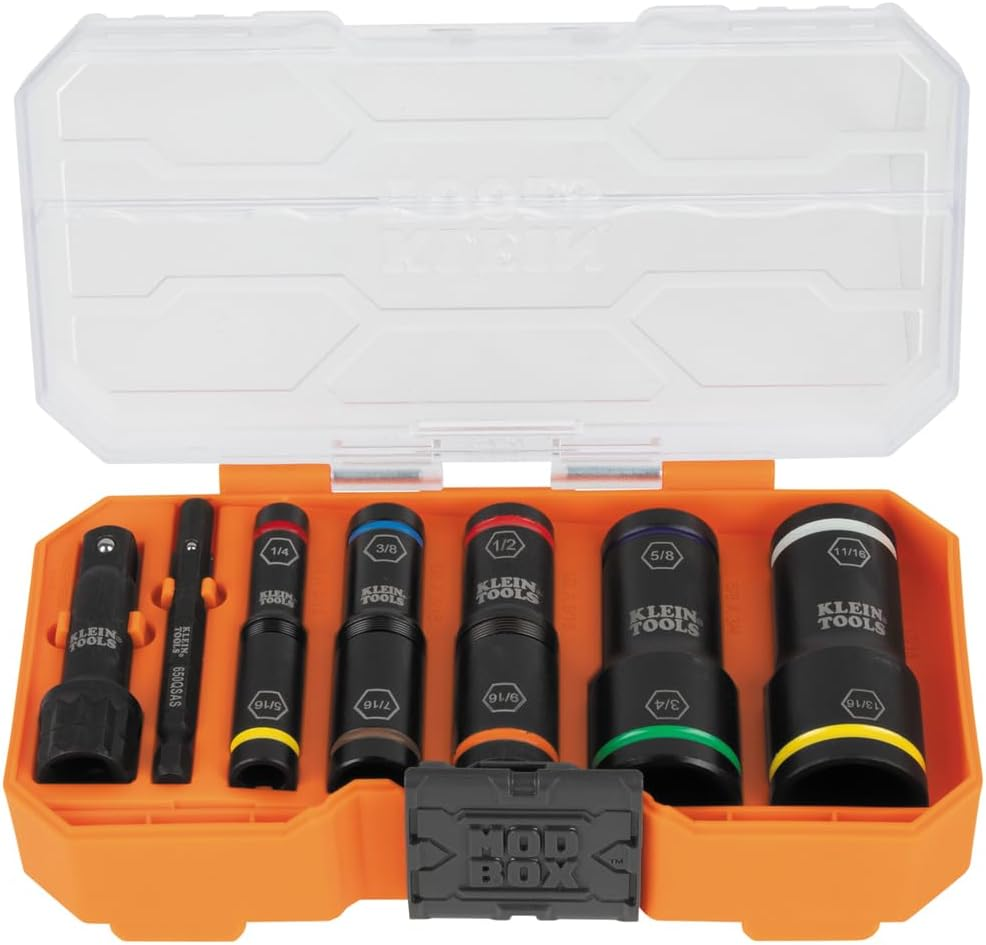 Klein Tools A-65618 KNECT Flip-10 SAE Impact Socket Set, Deep Sockets with 5 Color-Coded Flip Sockets, 10 SAE Socket Sizes, 1/4 and 3/8-Inch Adapters and Modbox Case