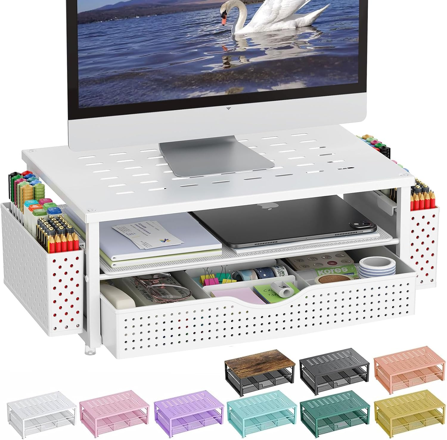 Gianotter Monitor Stand Riser, Desk Organizer with Drawer and Pen Holder, 2-Tier Computer Stand, Desk Accessories & Workspace Organizers(White)