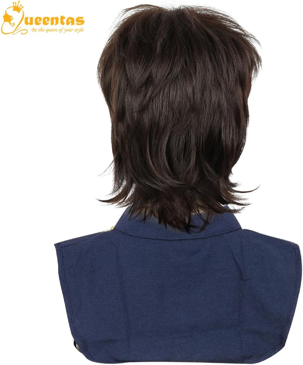 QUEENTAS Short Brown Wig for Men 70S Disco Rocker Punk Wig Mullet Wolf Men Hair Wigs for Daily Cosplay Synthetic Wig image number 5