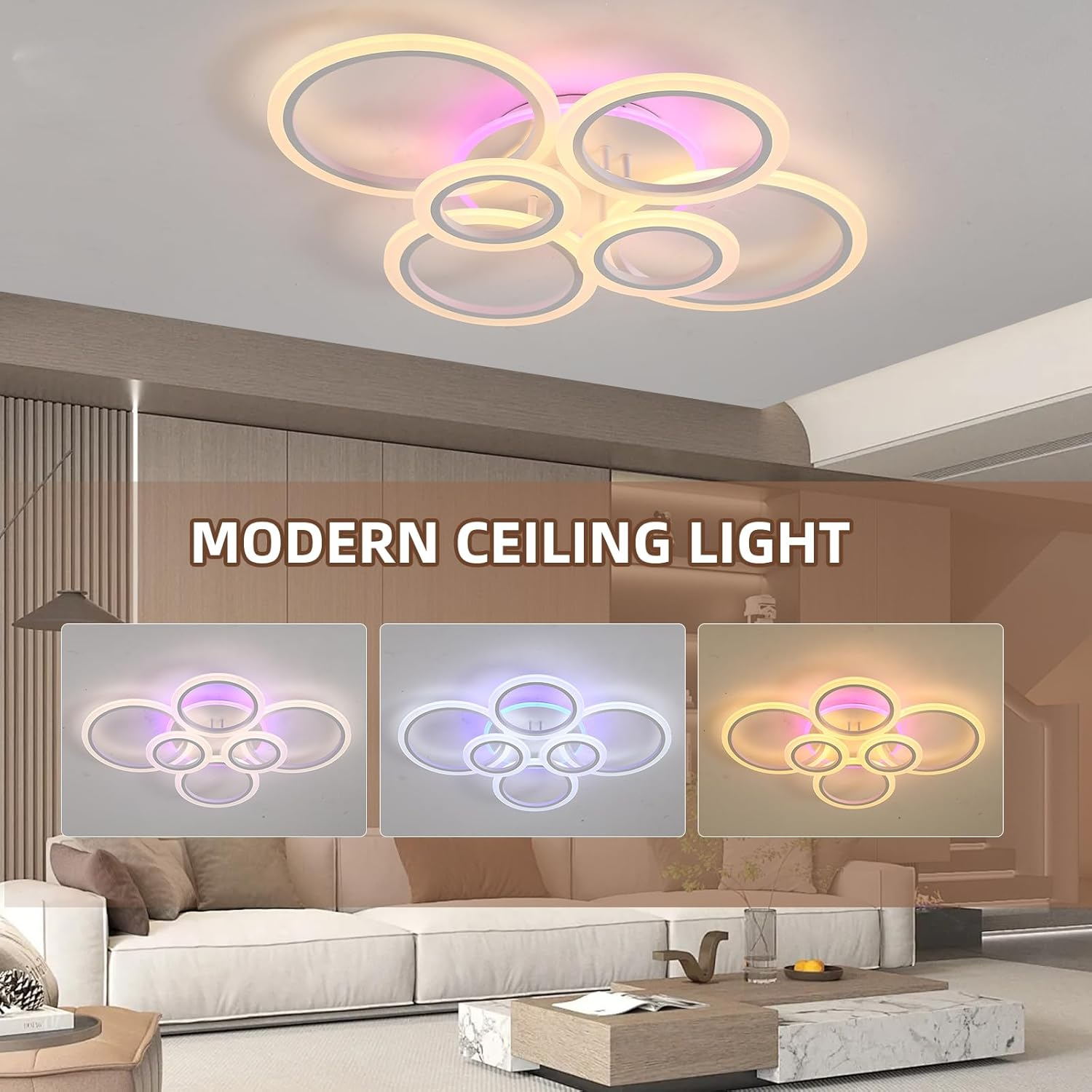 ZAITINZ Modern LED Ceiling Light,70W Flush Mount Ceiling Light,Dimmable Ceiling Lights for Bedroom,6 Rings Lighting Fixture LED Ceiling Lamp for Kitchen,Living Room,Laundry Room,3000-6000K,White image number 6