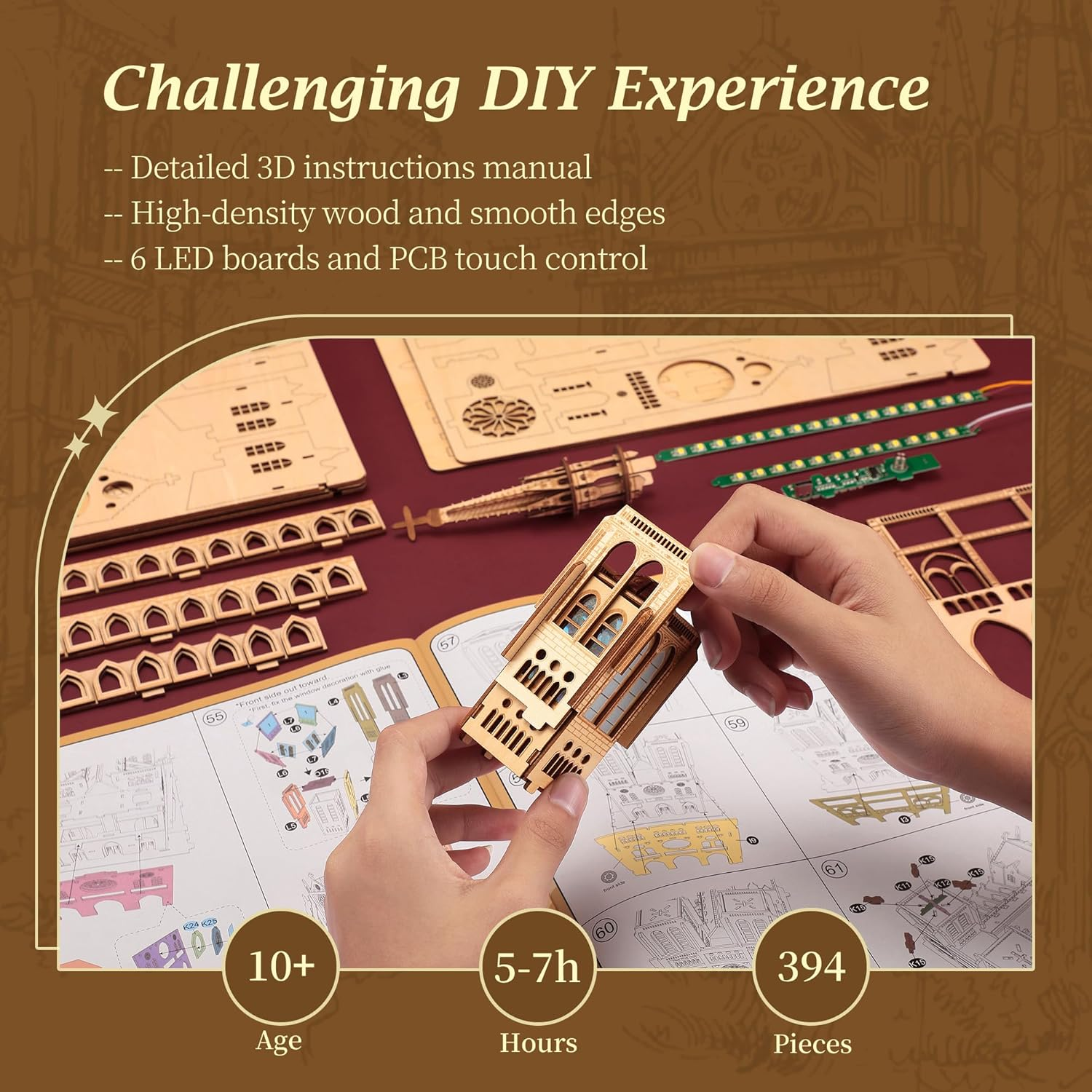 FUNPOLA LED 3D Wood Puzzle - Notre Dame De Paris Architecture Model-Night Edition with LED Lighting- DIY Building Model Craft Kit, Architecture Building Set image number 1