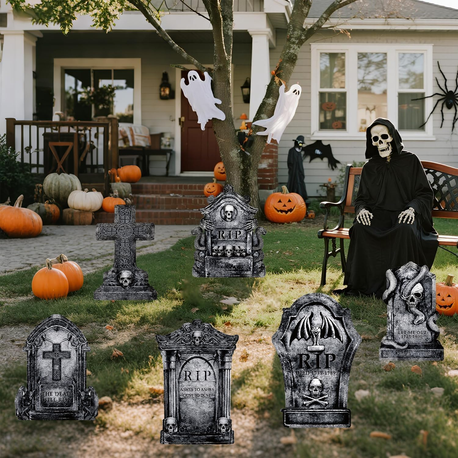 Halloween Decorations Outdoor Tombstones Halloween Gravestones Decor Large Graveyard Decorations Realistic Scary Skeleton Tombstone Cemetery Grave Signs for Halloween Party Yard Lawn Outside image number 1