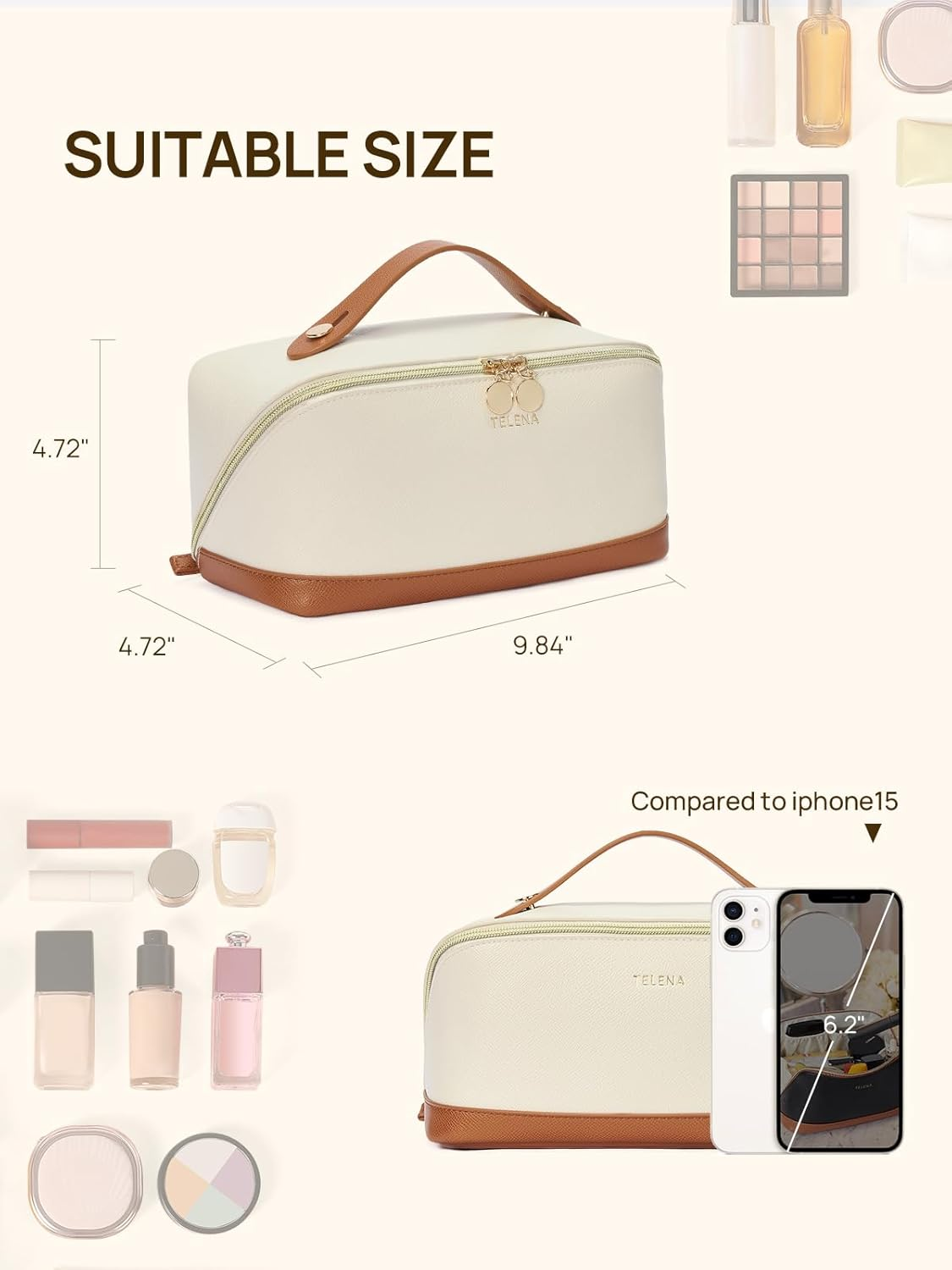 Telena Leather Make up Bag Portable Travel Makeup Bag Waterproof Cosmetic Bags for Women Large Capacity with Handle and Divider Open Flat, 0-Beige with Brown, Stylish - 0-Beige With Brown image number 6