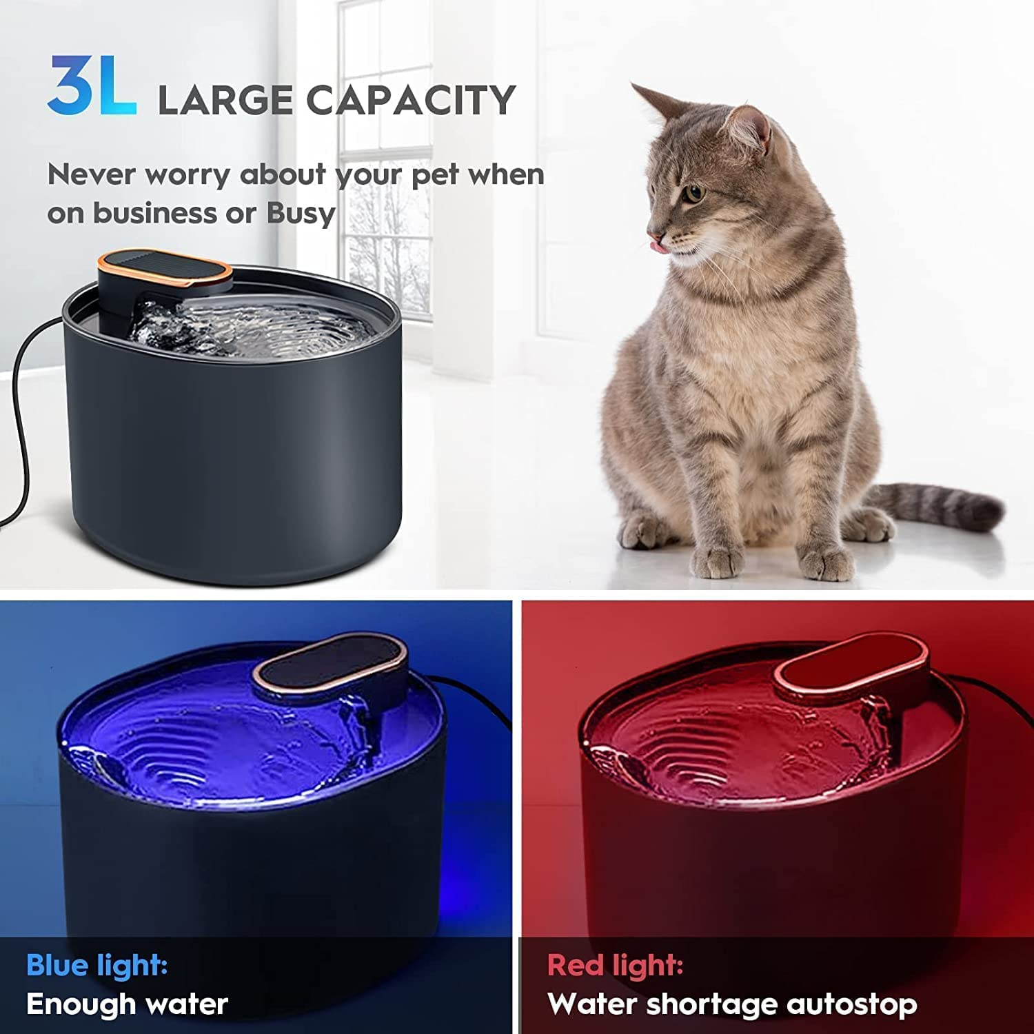 3L Cat Water Fountain,Pet Fountain Water Fountain for Dogs Inside, Cat Fountain with LED Light,Filters Included,For Multi Pet Households image number 2