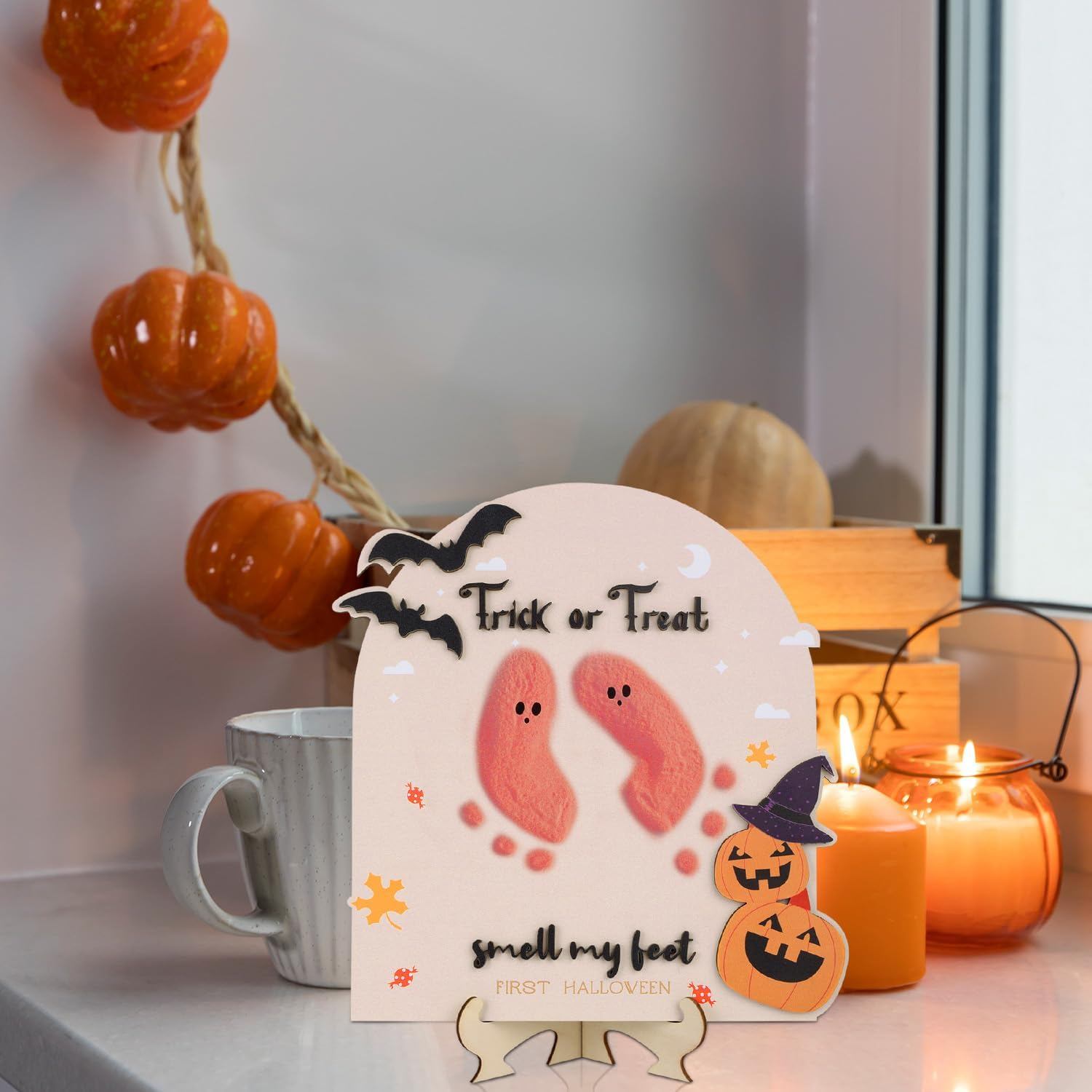Baby'S First Halloween Footprint Wooden Milestone Card, Trick-Or-Treat Baby Footprint Sign Cute Pumpkin Decorative Halloween Keepsake DIY Craft Art Nursery Decorations image number 6