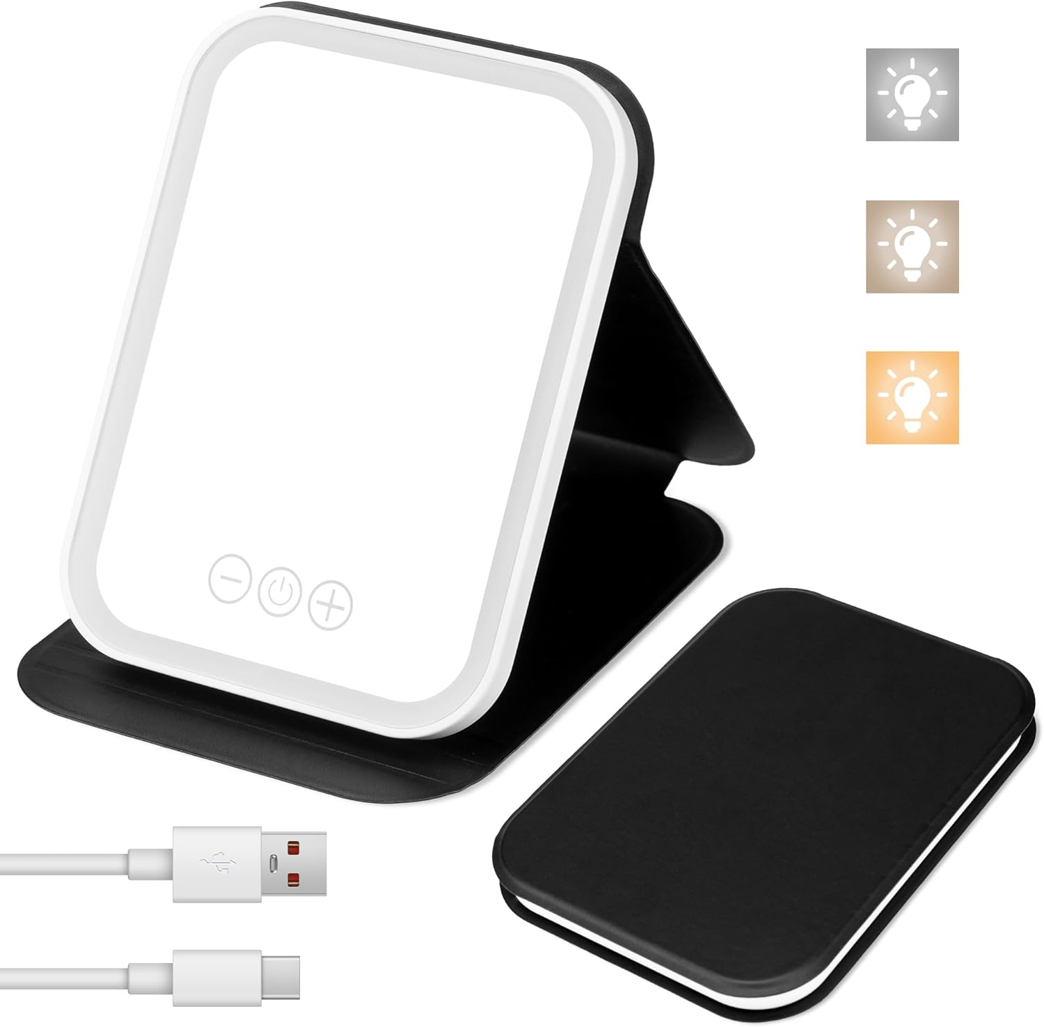 Rechargeable Travel Vanity Mirror with 40 Led Lights, Portable Lighted Beauty Makeup Mirror, 3 Color Lighting, Touch Dimming, Tabletop Folding LED Mirror with Leather Case, White