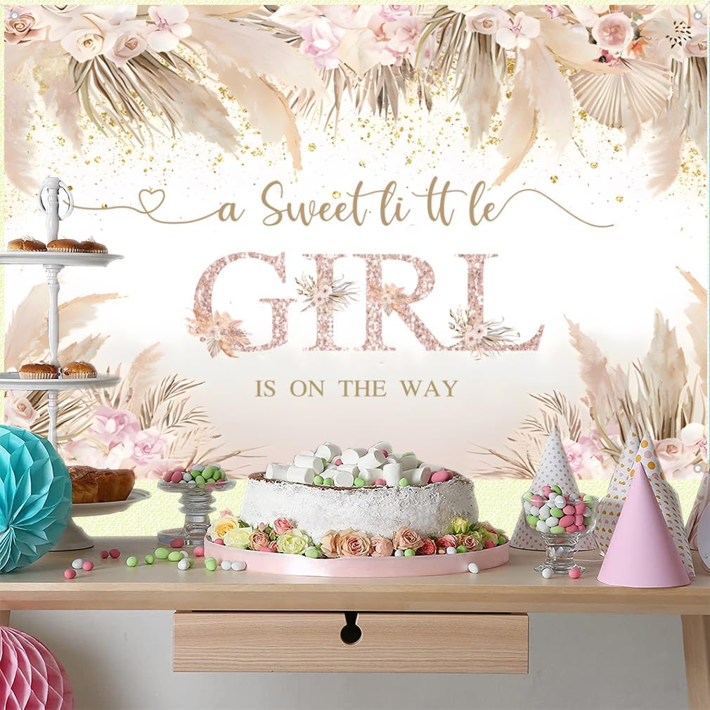 A Sweet Little Girl Is on the Way Baby Welcome Backdrop Pink Flowers Baby Shower Photography Background Flower Baby Girl Party Decorations Party Banner Fabric Sign Poster image number 2