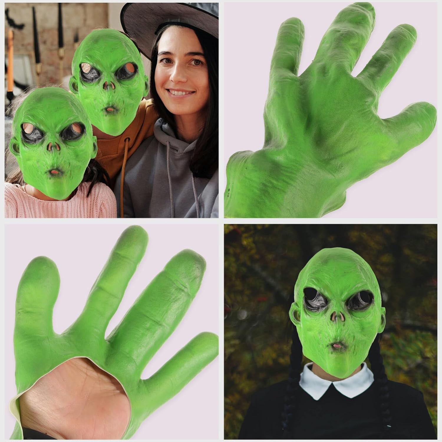 Green Alien Head Mask with Gloves Space Roswell Alien Mask Cool Latex Costume Mask for Party Halloween Dressing Up - Yellow image number 6