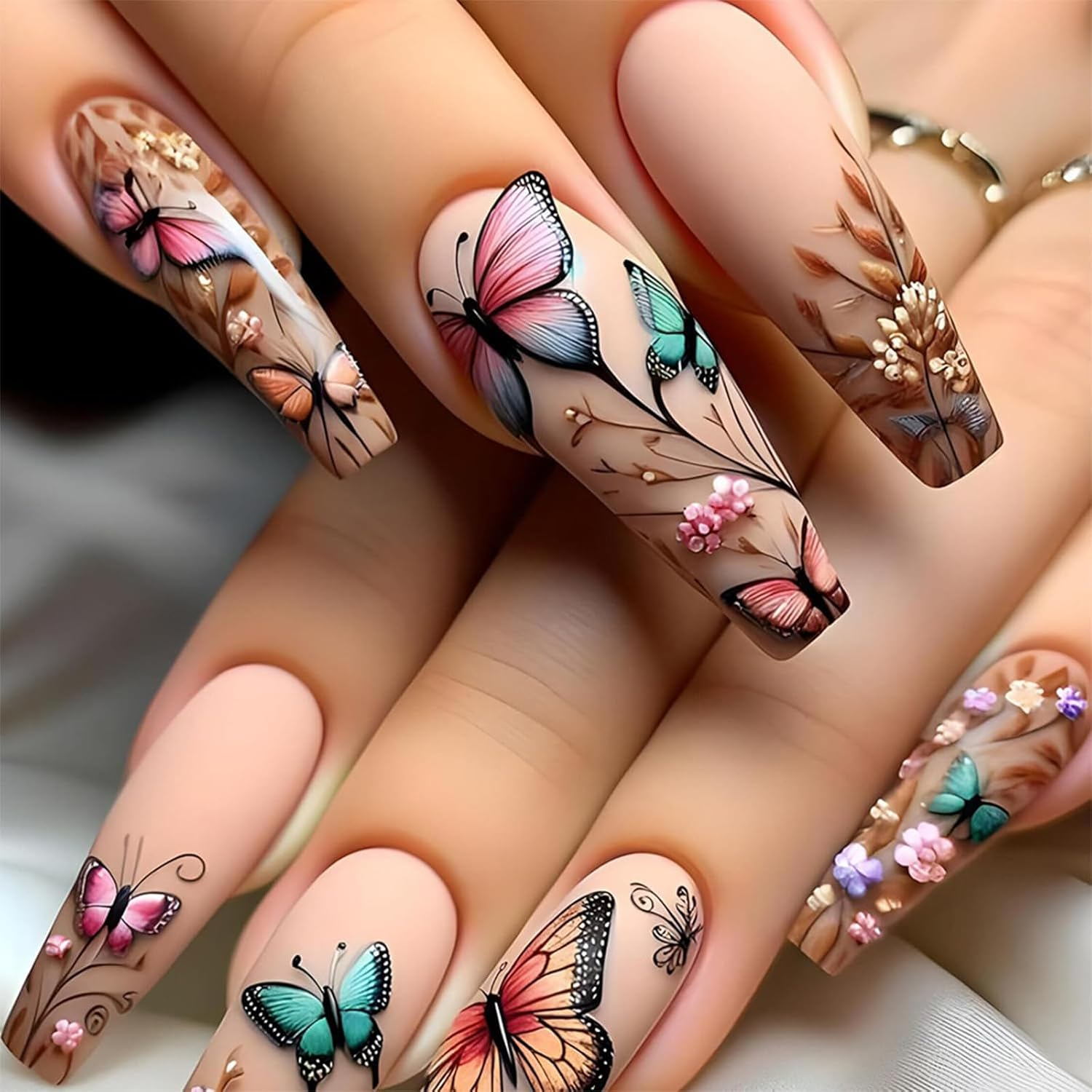 TELAIN Spring Butterfly Flower Press-On Nails Extra Long Ballerina False Nails Matte Square Acrylic Full Cover Plastic Glue Nails for Women Girls DIY Nail Design image number 3