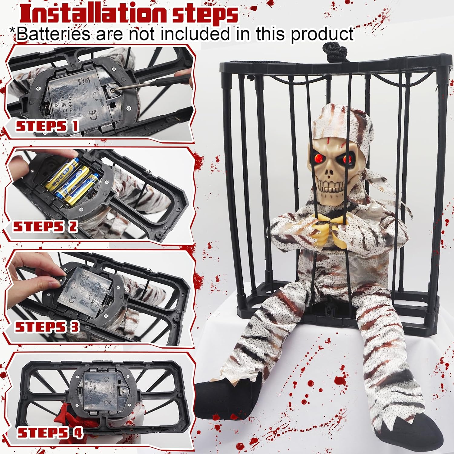Screaming Animated Halloween Decorations, Halloween Decor Prop with Motion Sensor, Scary Skull Cage Prisoner Haunted House Decor, Spooky Hanging Ghost Eyes Glow Decorations (Color D) image number 1