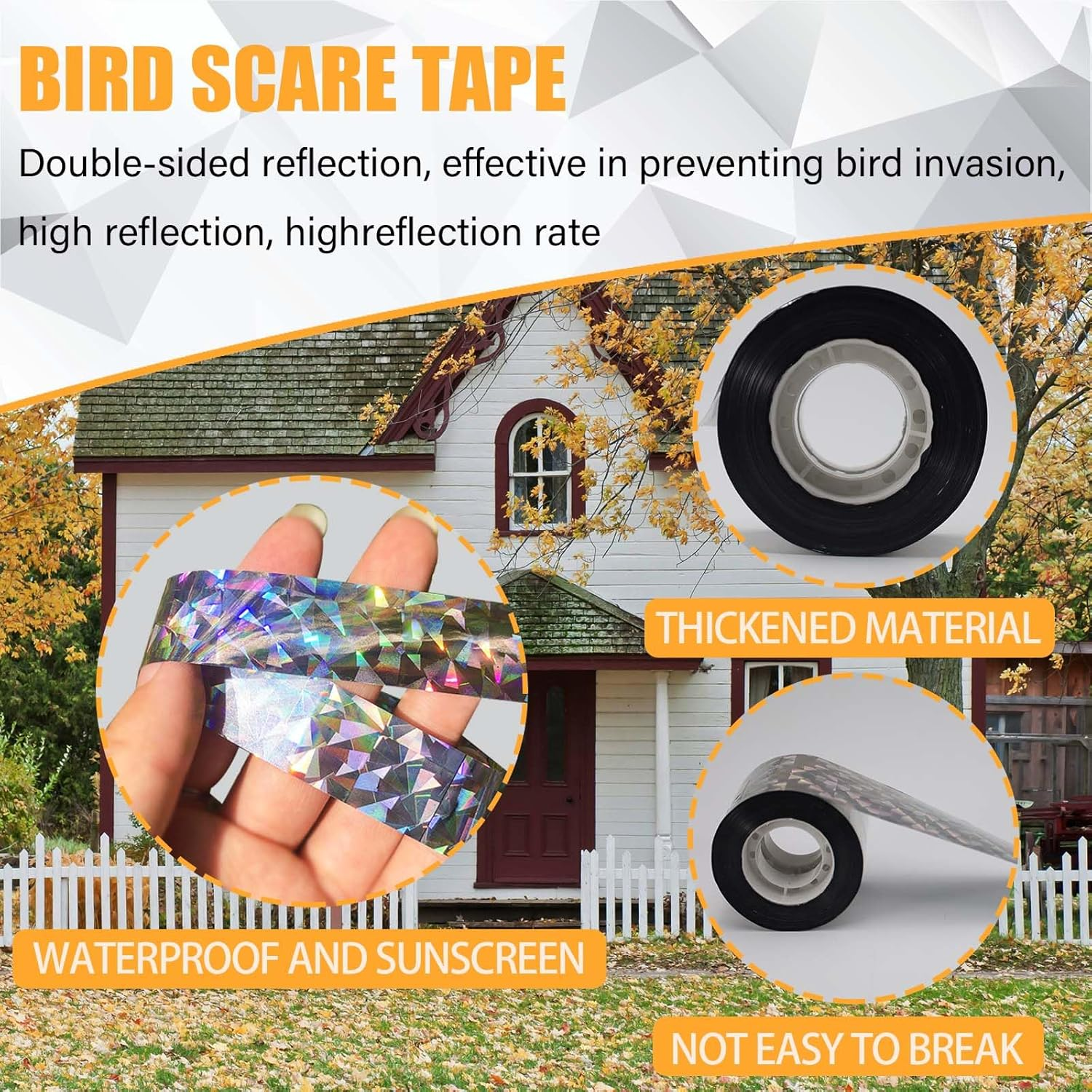 ASTIMESA Double Sided Reflective Bird Scare Tape, Holographic Sparkly Bird Tape, Flash Reflective Ribbon for Birds Woodpeckers Pigeons Keep Away from House Garden Patio (3 Roll 787.4 Ft) image number 1