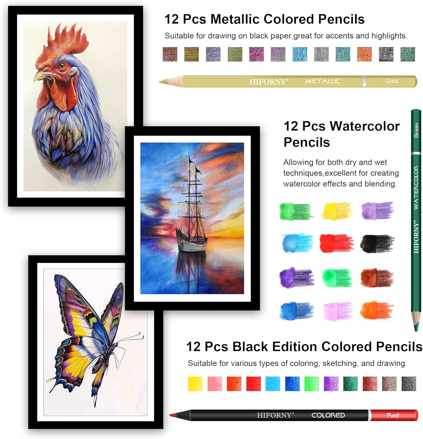 HIFORNY 100 PCS Drawing & Sketching Set, Professional Art Supplies with Graphite,Charcoal, Colored,Watercolor,Metallic Pencils,Blending Tools,Sketchbook and Coloring Book in Zipper Case (Pink) image number 6