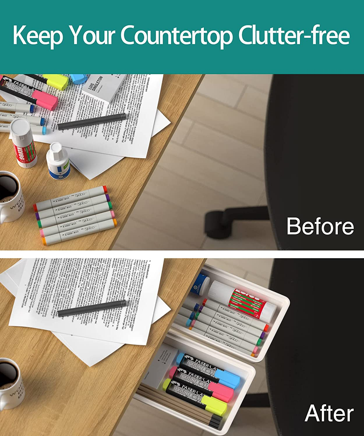 Hidden under Table Desk Drawer Storage Organizer 2 Pack,Self-Adhesive under Office Desktop Pencil Tray Drawer,Under Table Storage Tray Drawer for Kitchen image number 1