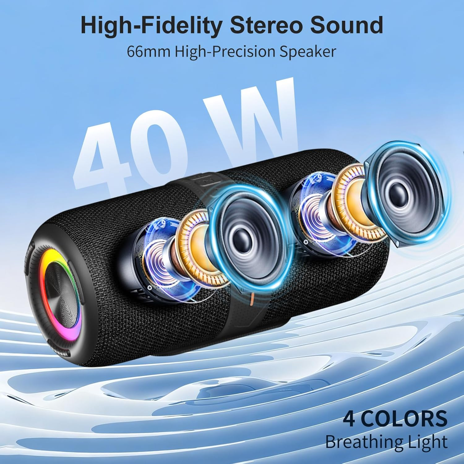 HUO JI Portable Bluetooth 5.0 Speaker with Deep Bass, IPX5 Water Resistance, RGB Lights, 15-Hour Playback and TWS/TF Support,Perfect for Home,Outdoors,Cycling,Hiking,Camping&Parties (Black)