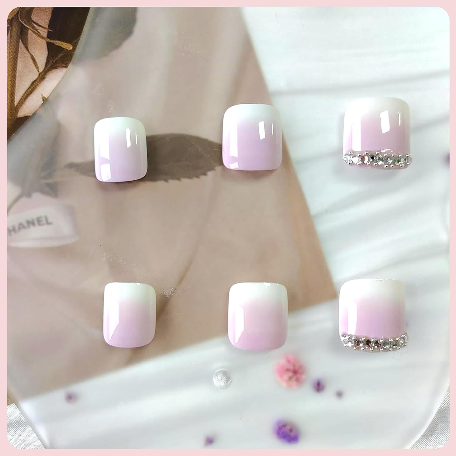 NATOSU 24 Pieces Short Press Toenails Square Fake Toenails Pink White Gradient False Toe Nails with Rhinestone Designs Acrylic Toe Nails image number 4