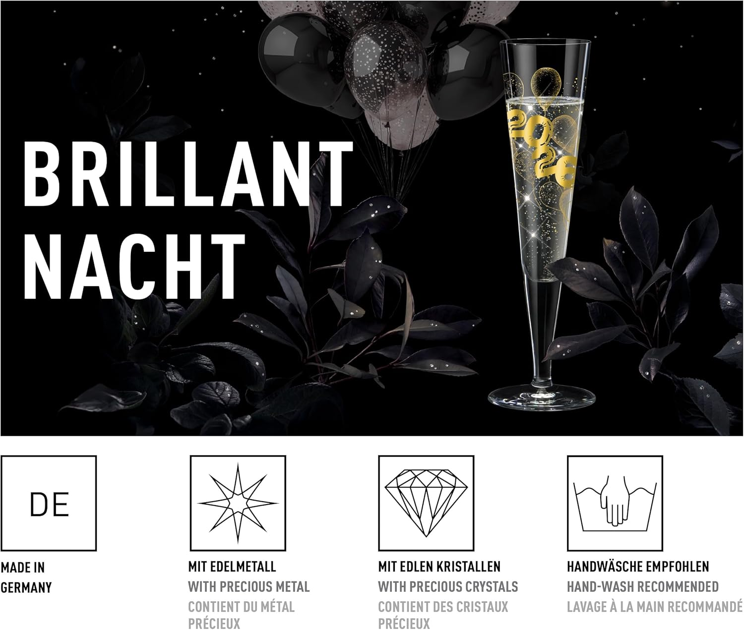 RITZENHOFF 1079016 Champagne Glass 200 Ml - Brilliant Night 2026 Series with Balloon Motif and Year - Made in Germany image number 3