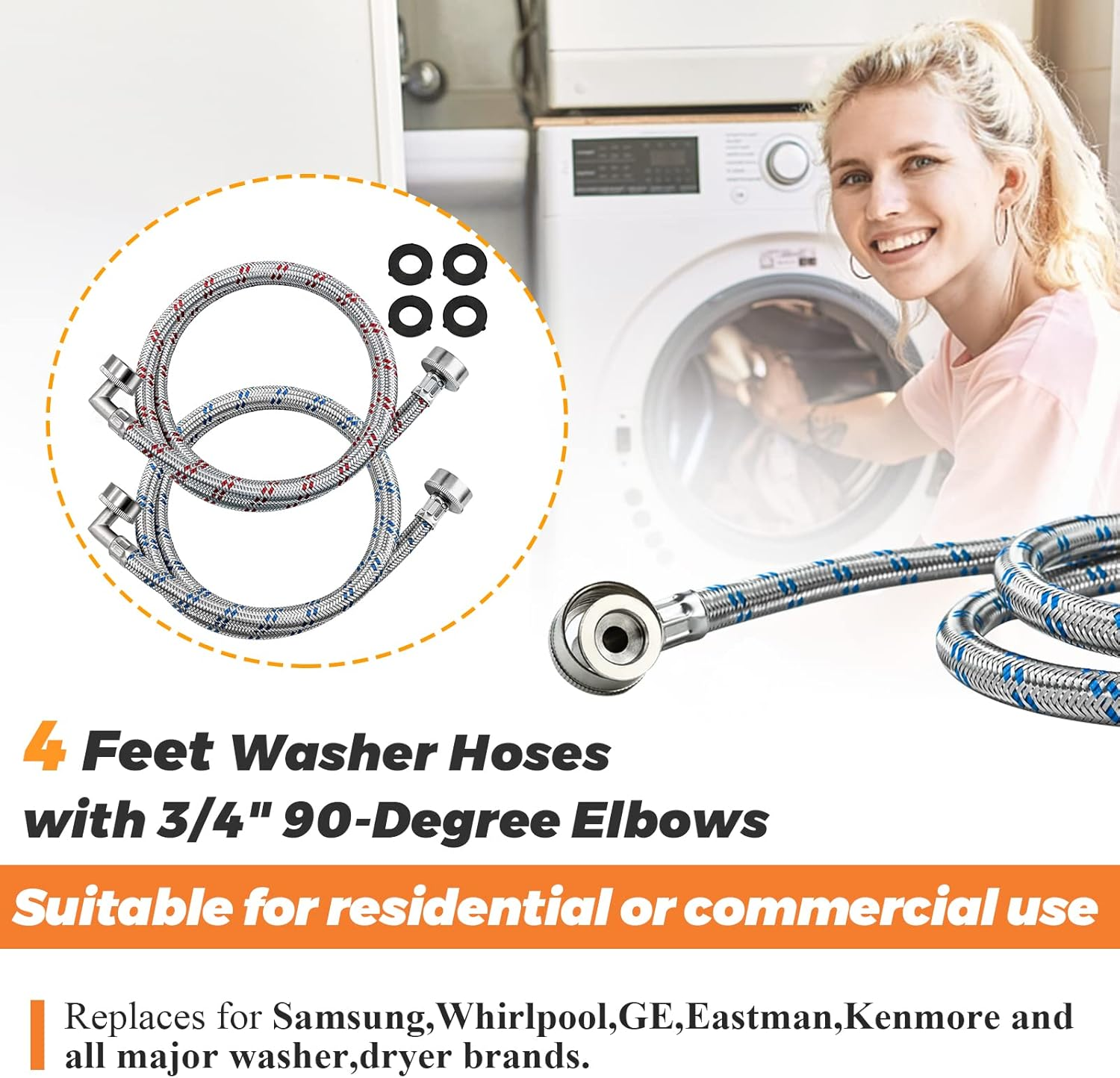 【UPGRADED】4FT Stainless Steel Washer Hoses with 90 Degree Elbows by Beaquicy - 2 Pack No-Lead Burst Proof Hot & Cold Water Connection Inlet Washer Supply Lines image number 4