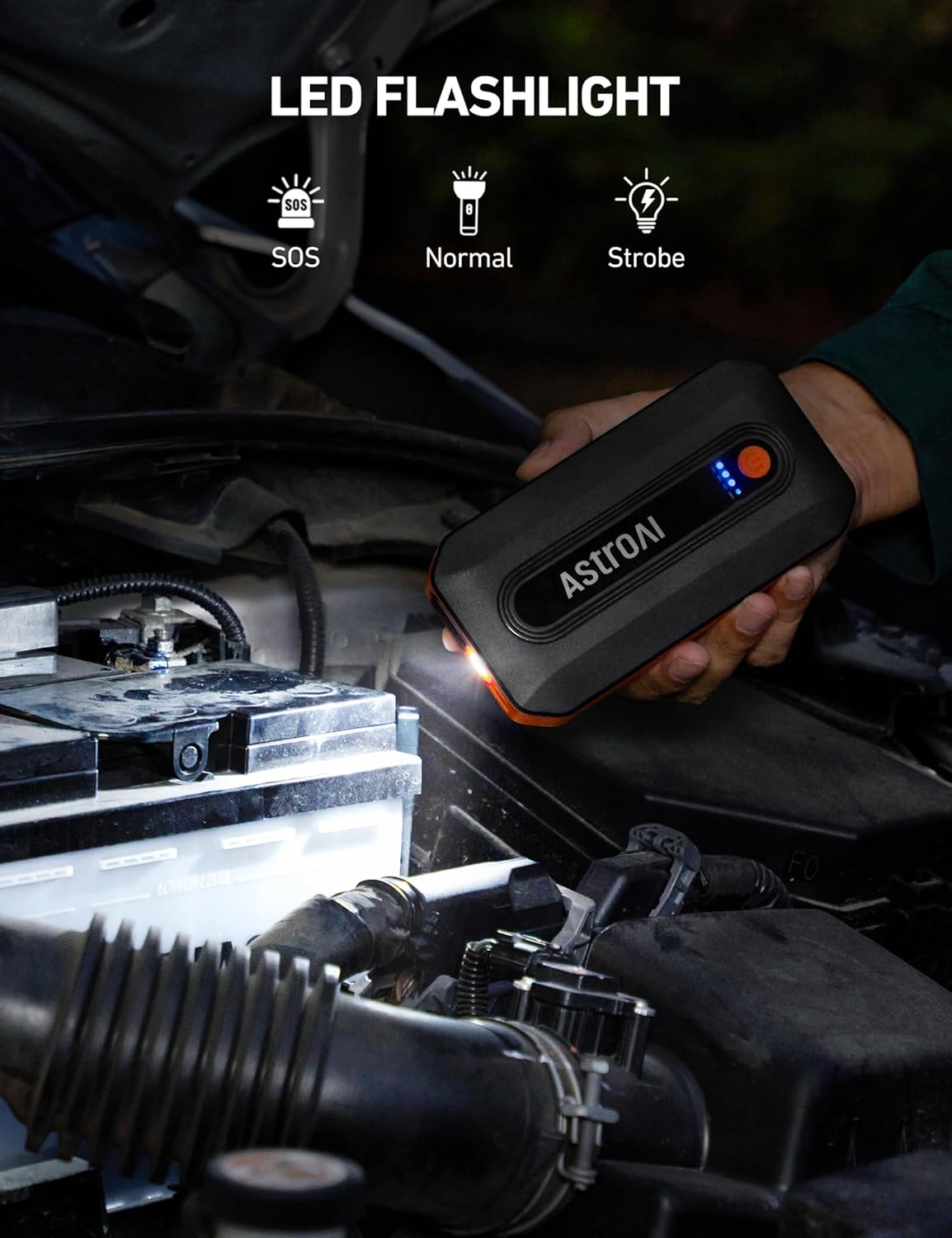 Astroai Car Battery Jump Starter Power Bank 2000A for 12V Vehicles (7.0L Petrol / 5.5L Diesel) and Moto, Portable Car Battery Charger, Smart Car Jump Pack with Smart Battery Clamps & LED Torch, Orange - Orange image number 2