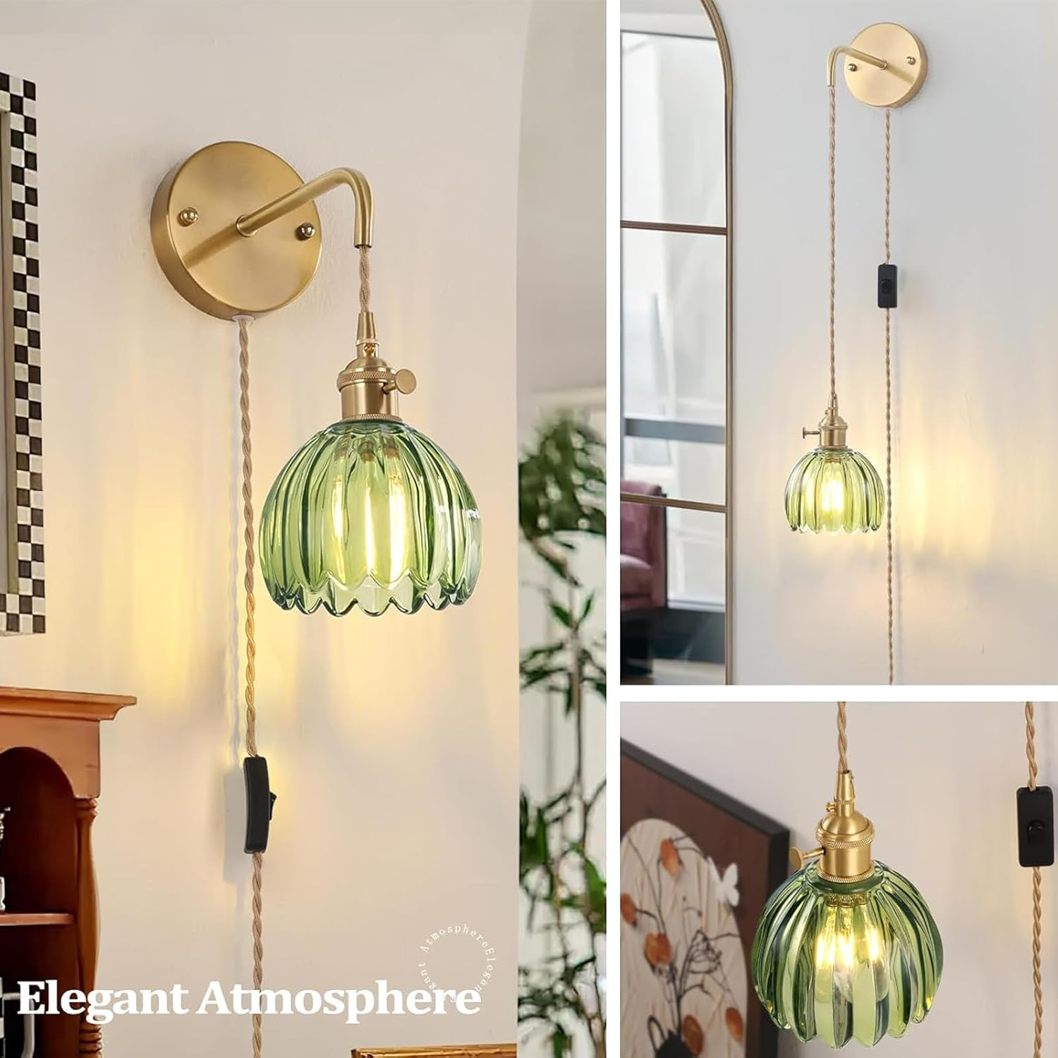 Wall Light Plug in Vintage E27 Wall Lamps with Plug in Cord Lights with Switch Indoor Wall Sconces with Tulip Glass Lampshade for Living Room Bedroom Hallway Stairs (Bronze,A) XXZ image number 2