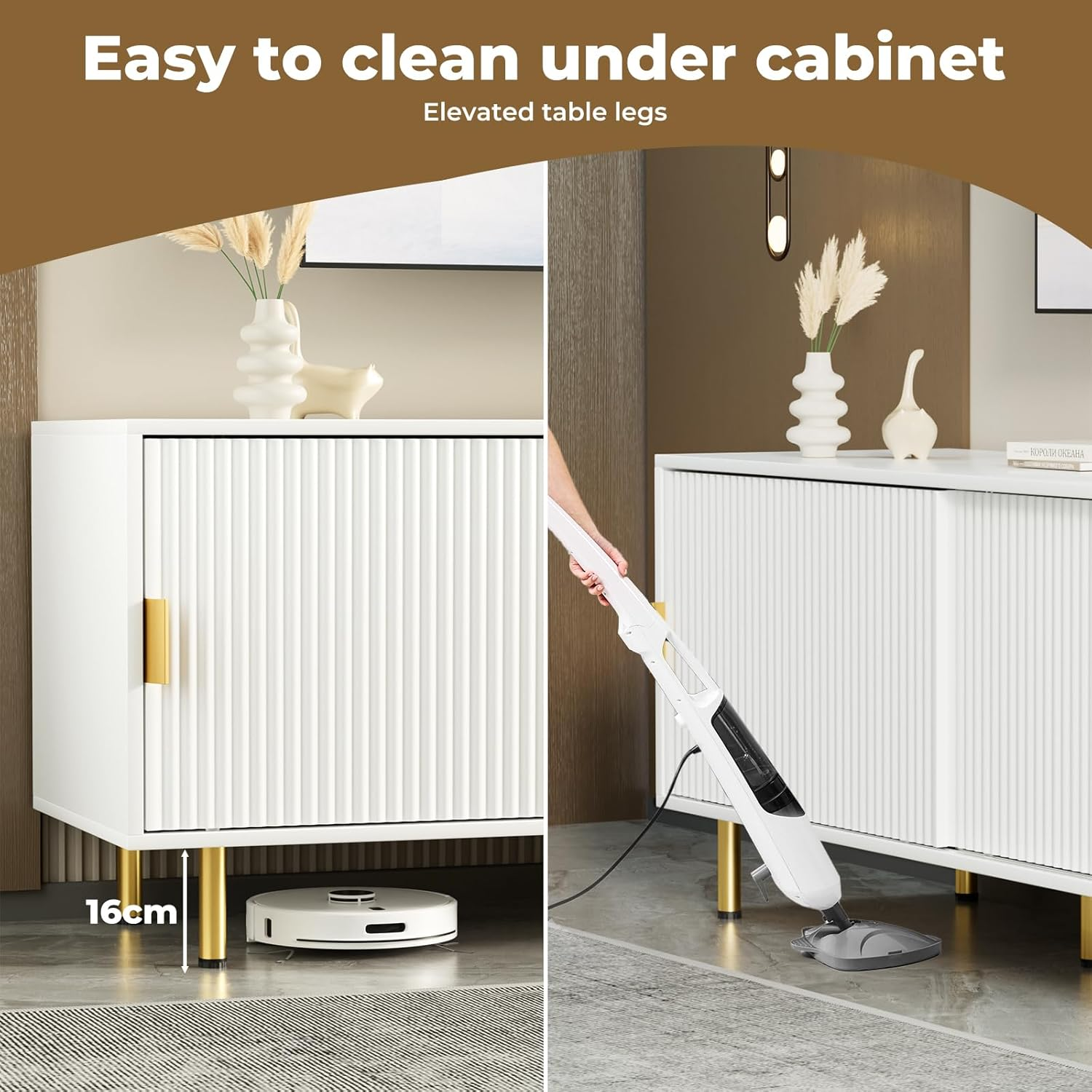 Levede TV Cabinet, 120Cm Entertainment Center TV Unit Stand with 2 Sliding Door, TV Console Table with 2 Storage Cabinets, Media Cabinet for Living Room, Bedroom and Office,Gold Leg, Handle,White image number 1