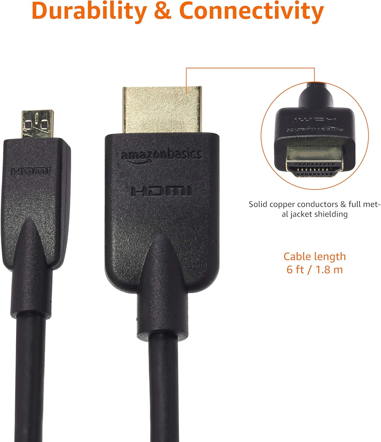 Amazon Basics Flexible and Durable Micro HDMI Cable (18Gpbs, 4K/60Hz) - 1.8 Meters, Black image number 2