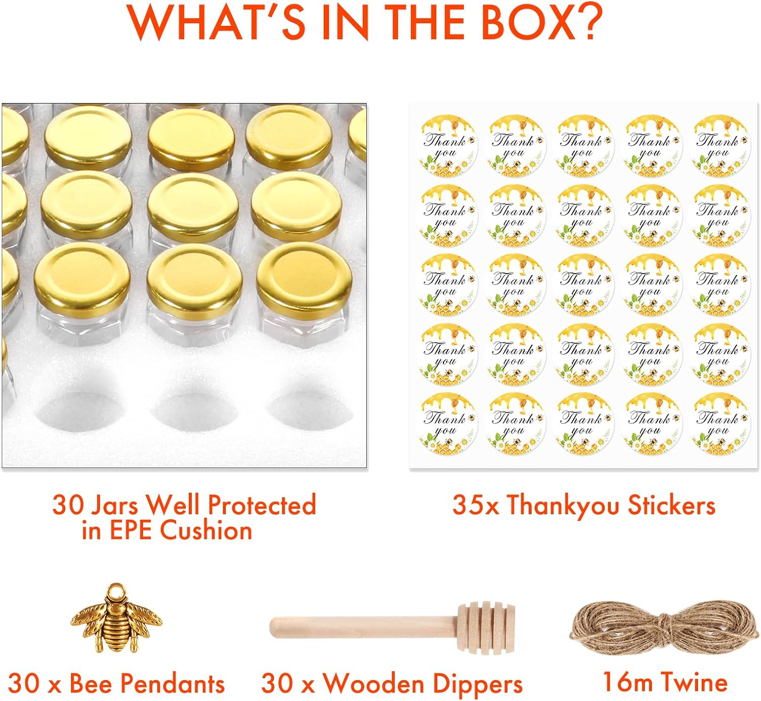 Aurotrends 3Oz Mini Honey Jars with Dipper 30Pack, Glass for Baby Shower Favors/ Wedding Favors Guests Bulk-Mini Wooden Dippers/ Bee Charms/ Thankyou Stickers/ Jute Twine (3Oz-30Pack) ,Gold image number 4