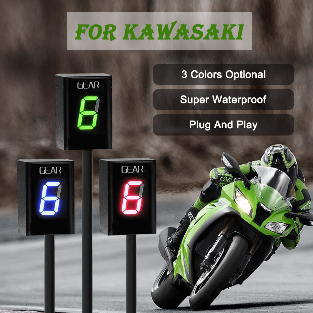 Motorcycle Gear Indicator for Kawasaki ER6N V650 Ninja 300 Z1000SX Moto 1-6 Gear Display ECU Plug LED Digital Display Waterproof(Green with Holder) image number 1