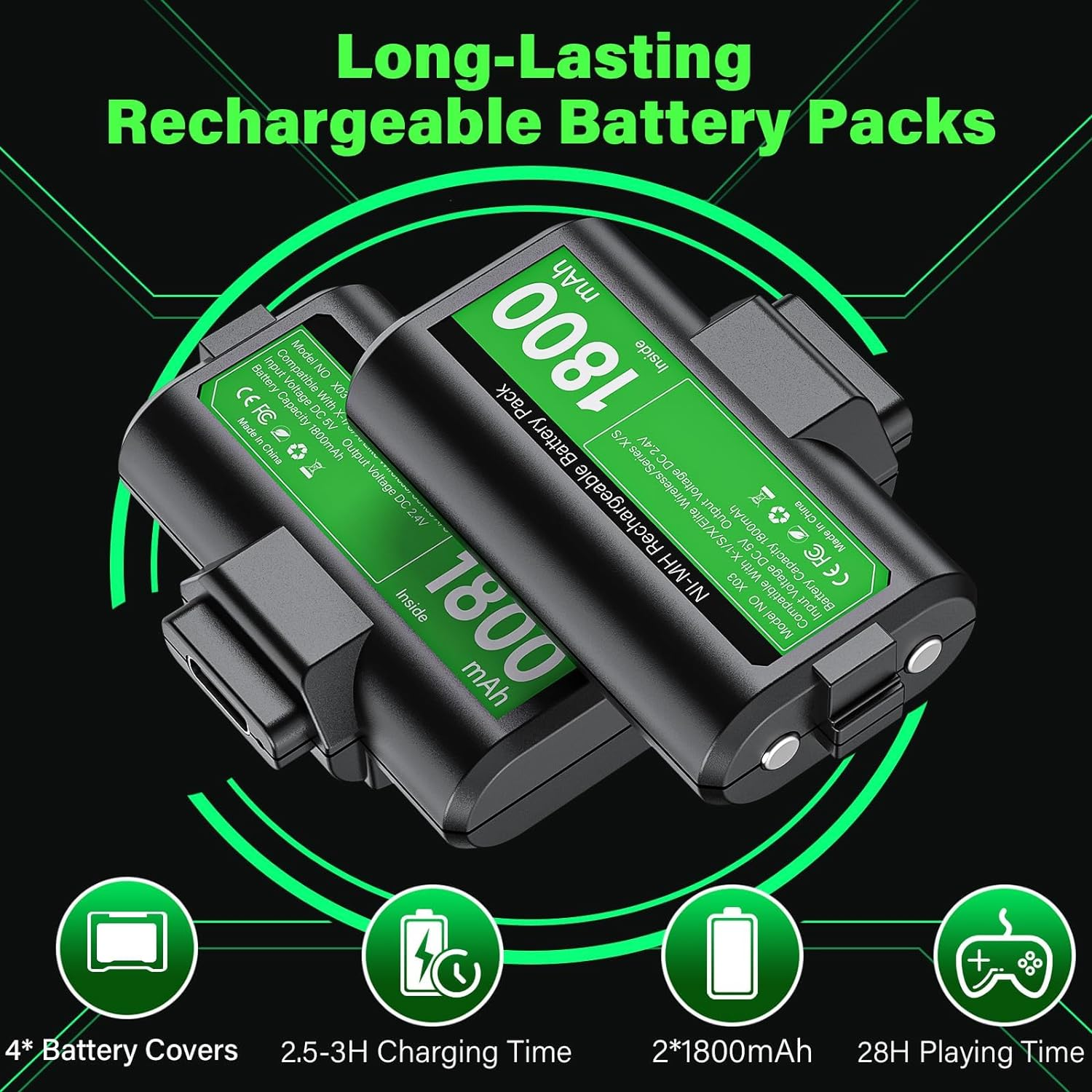Rechargeable Controller Battery Pack for Xbox, XICEN 2X4800Mwh(1800Mah) Batteries Pack with USB-C Charging Cable for Xbox Series X/S, Xbox One, Elite Remote Play and Charge Kit with 4 Cover(2 Pack) image number 4