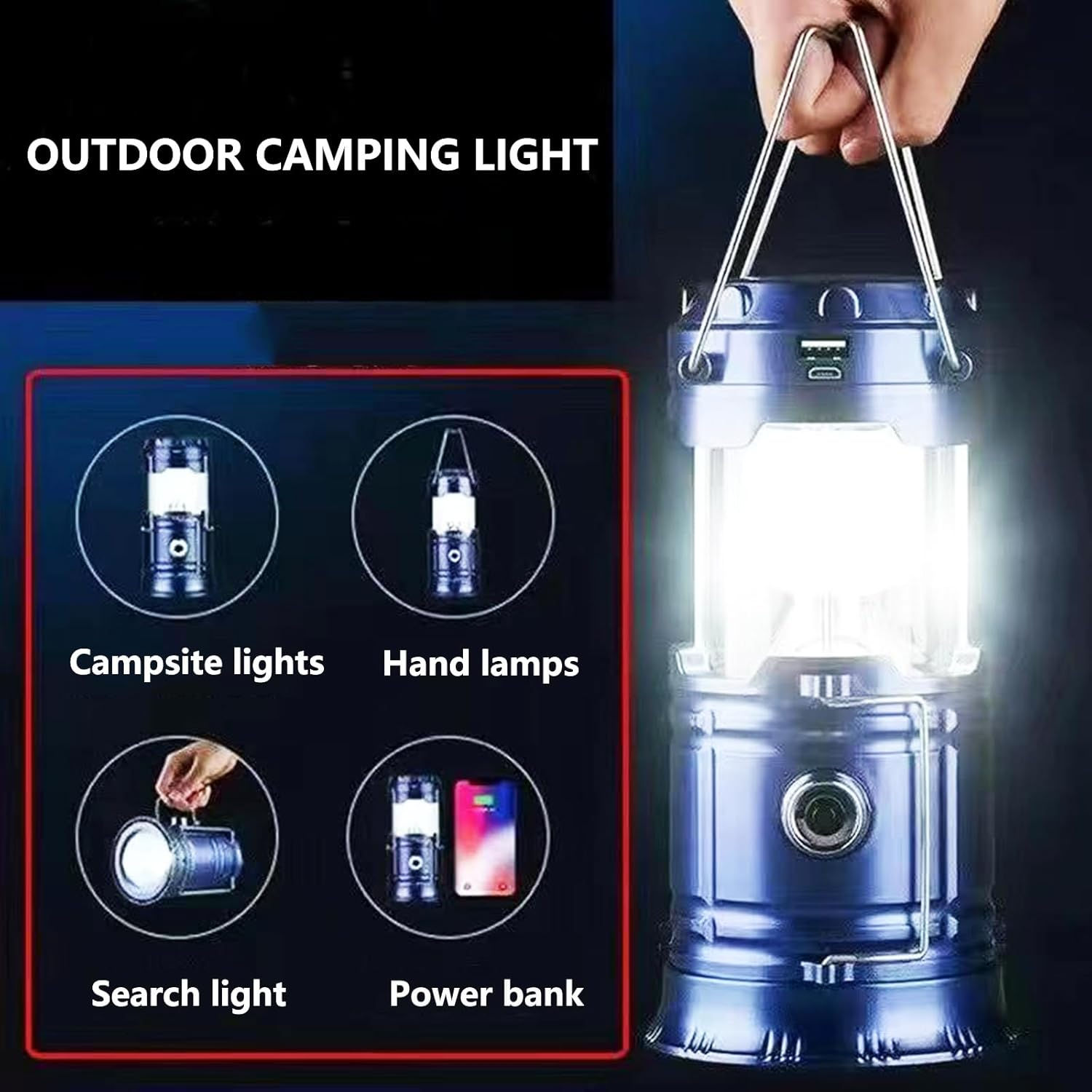 Collapsible Portable Solar Camping Lantern, USB Rechargeable LED Flashlight Survival Kits for Wild Camping Home Emergency Light Power Outages Hiking Hurricane (1 Pack) image number 4