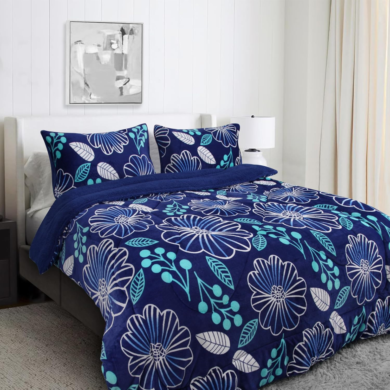 Ramesses Printed Sherpa Flannel Fleece Reversible Blanket Set Single/Double Blue Flower