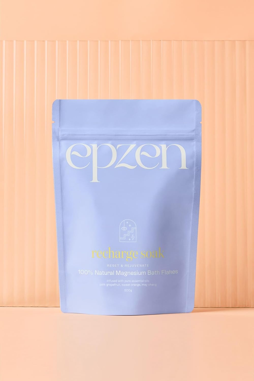 Epzen Recharge Soak Magnesium Bath Salts - Natural Epsom Salt Flakes with Grapefruit, Sweet Orange & May Chang Oils - Muscle Relaxation & Refuelling Bath Soak - 500G
