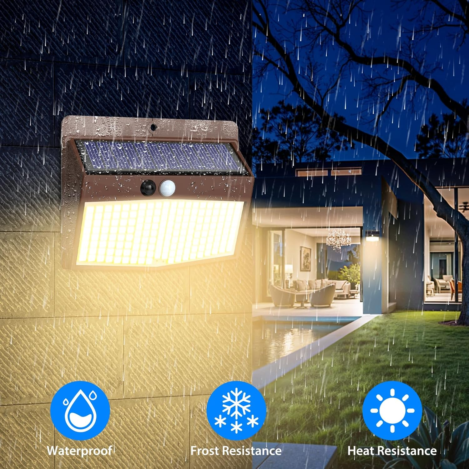 Peasur Warm White Pack of 3 Solar Lights for Outdoor Use with Motion Sensor, 138 LED, Super Bright Solar Light, Security Wall Light, 3 Modes, IP65 Waterproof Wall Light, Garden, Brown Frame image number 5