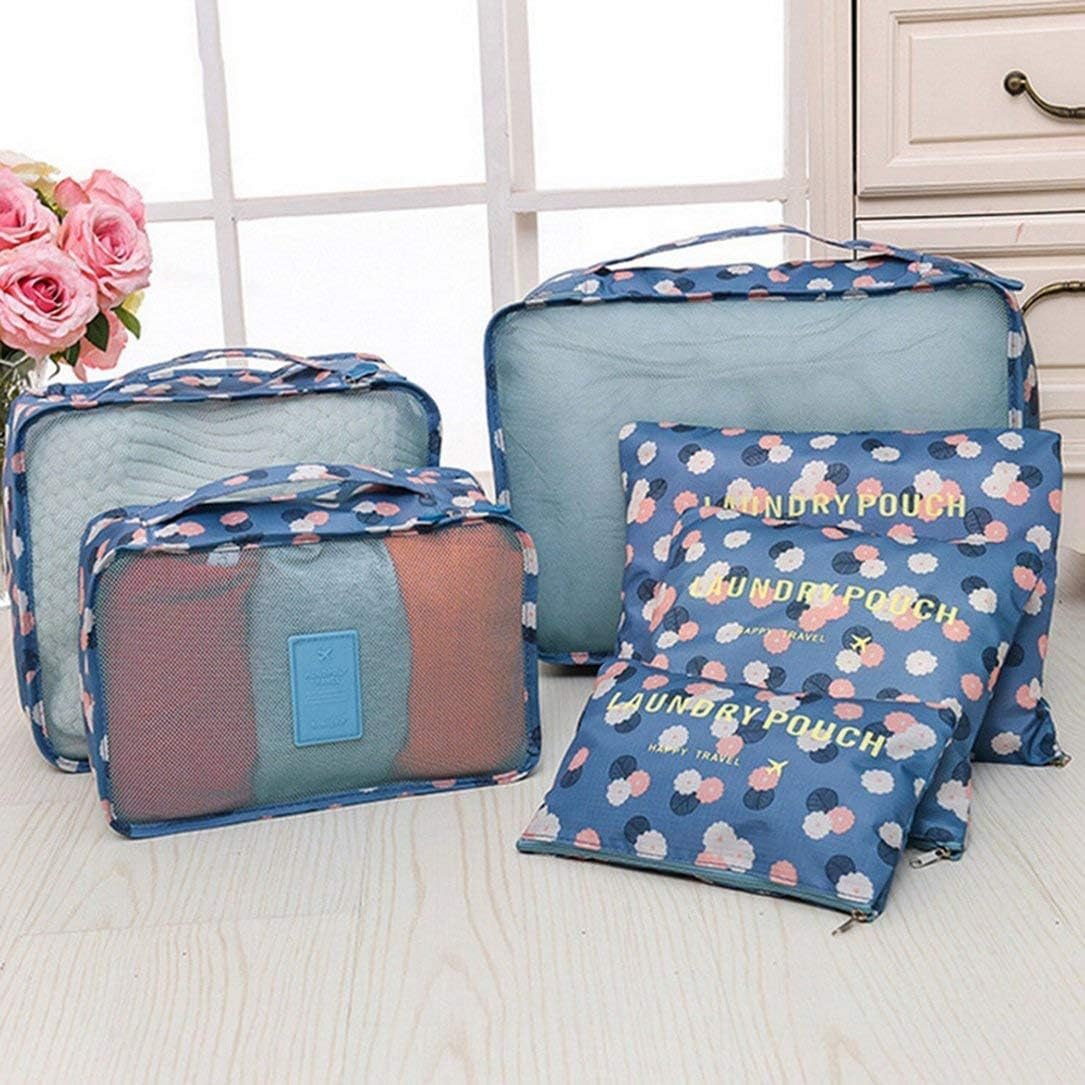 Go2Buy 6Pcs Travel Luggage Organizer Set Backpack Storage Pouches Suitcase Packing Bags (Blue Flower) image number 1
