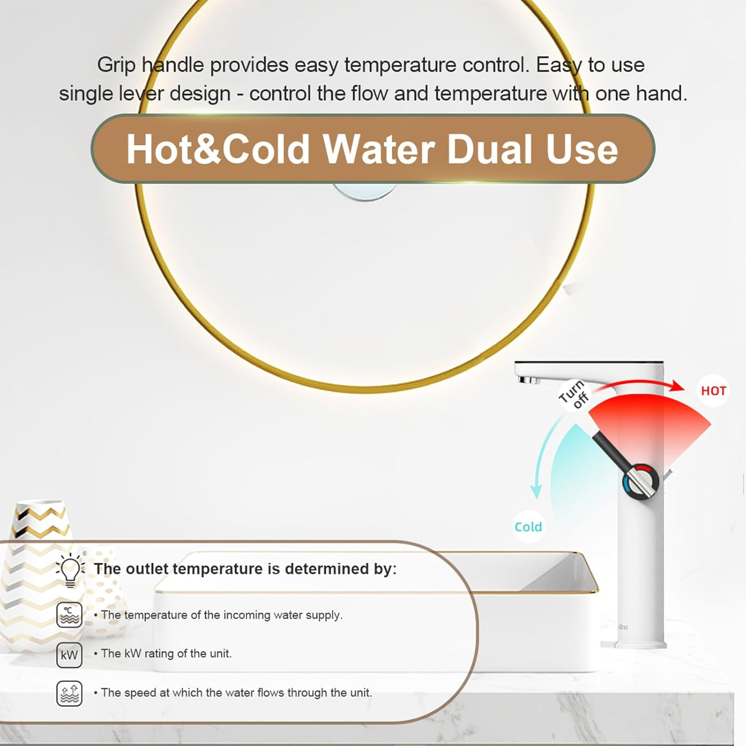 Briwellna Instant Basin Faucet, 220V Electric Tankless Water Heater with Digital Display, Electric Bathroom Tap (White) image number 4