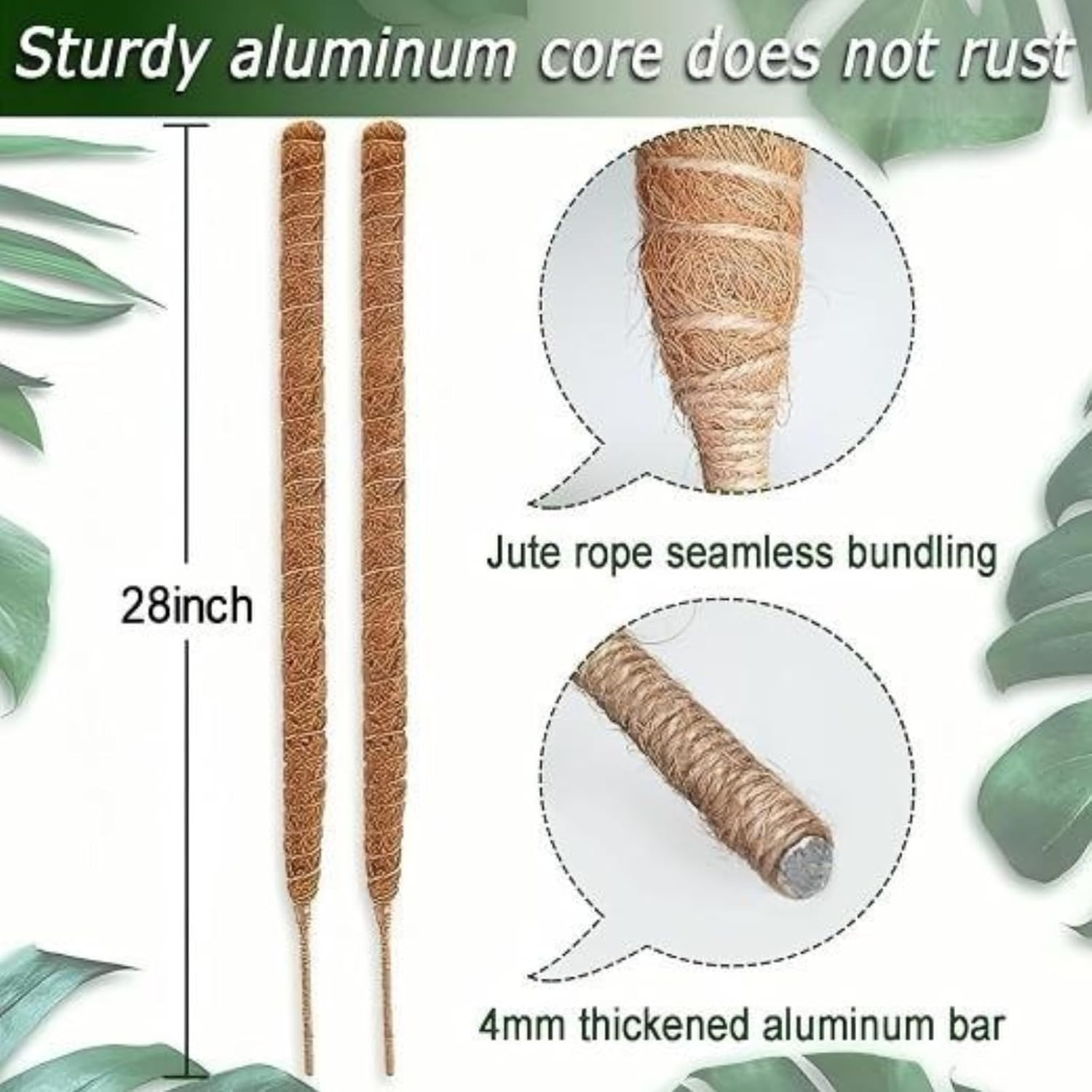 Kalione 2 Pack 28 Inch Moss Pole, Bendable Pole for Plants, Poles for Climbing Plants Indoor, Coconut Fibre with Aluminium Core，Coir Plant Sticks Support Stakes image number 1