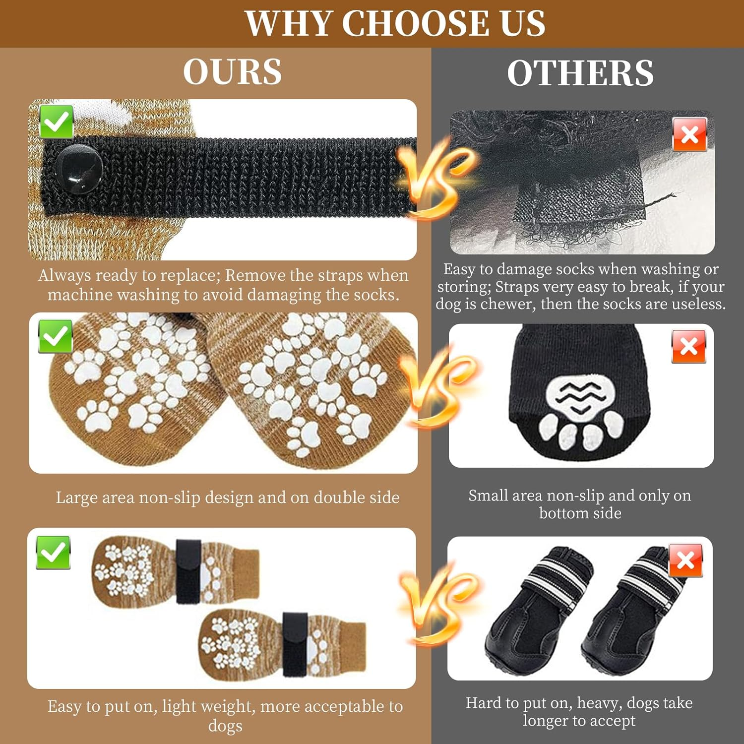4 PCS Premium Non-Slip Dog Socks for Hardwood Floors &ndash; Anti-Slip Breathable Socks with Extra-Thick Grips & Straps&ndash; Stops Licking, Prevents Slipping & Protects Paws - Ideal for Dogs (Brown, L) image number 3