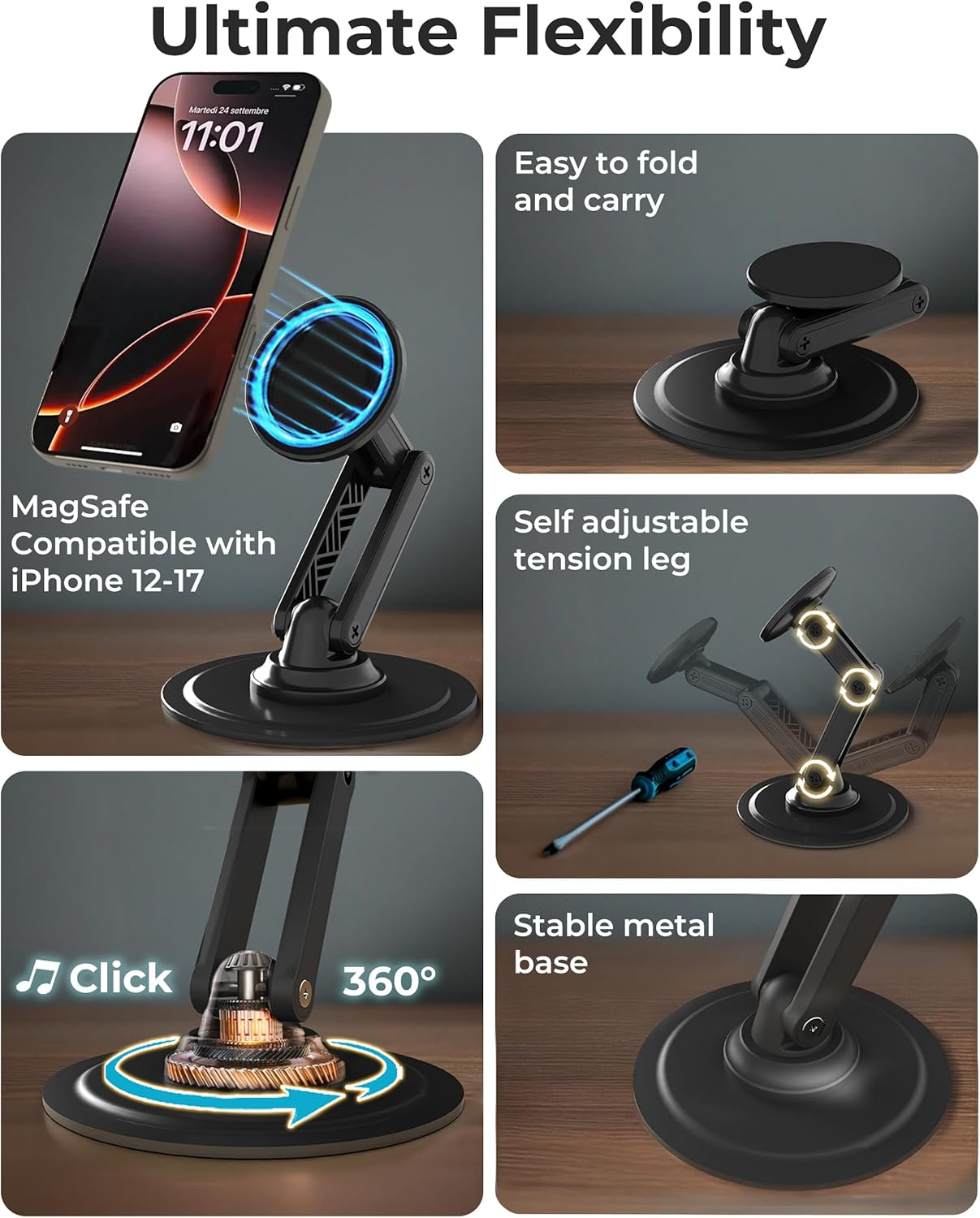COOPER Mag360, Magnetic Phone Stand for Desk Compatible with Magsafe Phone Holder, 360&deg; Adjustable, Iphone Desk Stand for Iphone 17 Pro Max/16/15/14/13/12, Incl 1 Metal Ring for Other Phones - Black image number 3