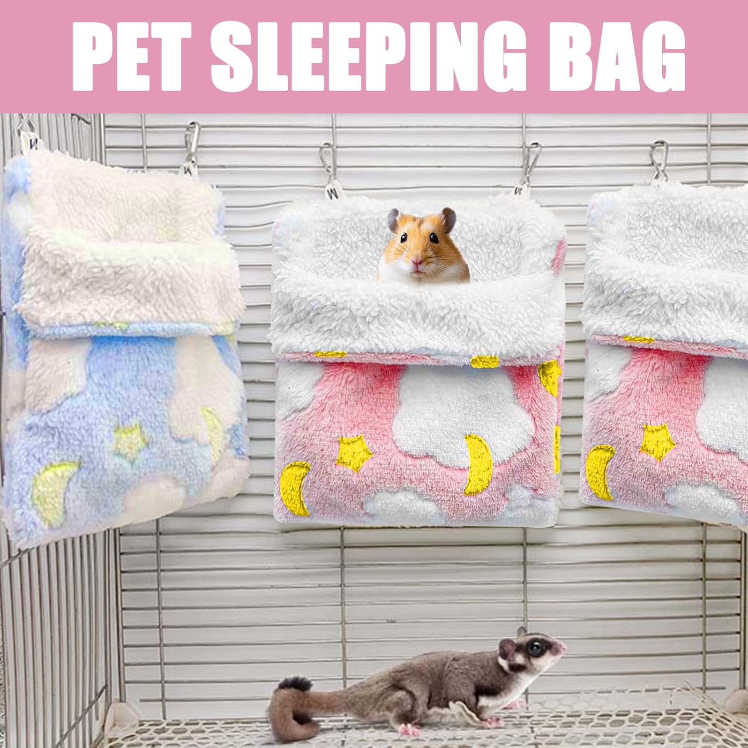 2 PCS Plush Rat Hammock, Warm Guinea Pig Hammock, Rat Hammocks for Cage, Hanging Hamster Hammock, Ferret Hammock Portable, Small Animals Cozy Sleeping Playing Hideaway (Pink,Blue) image number 1