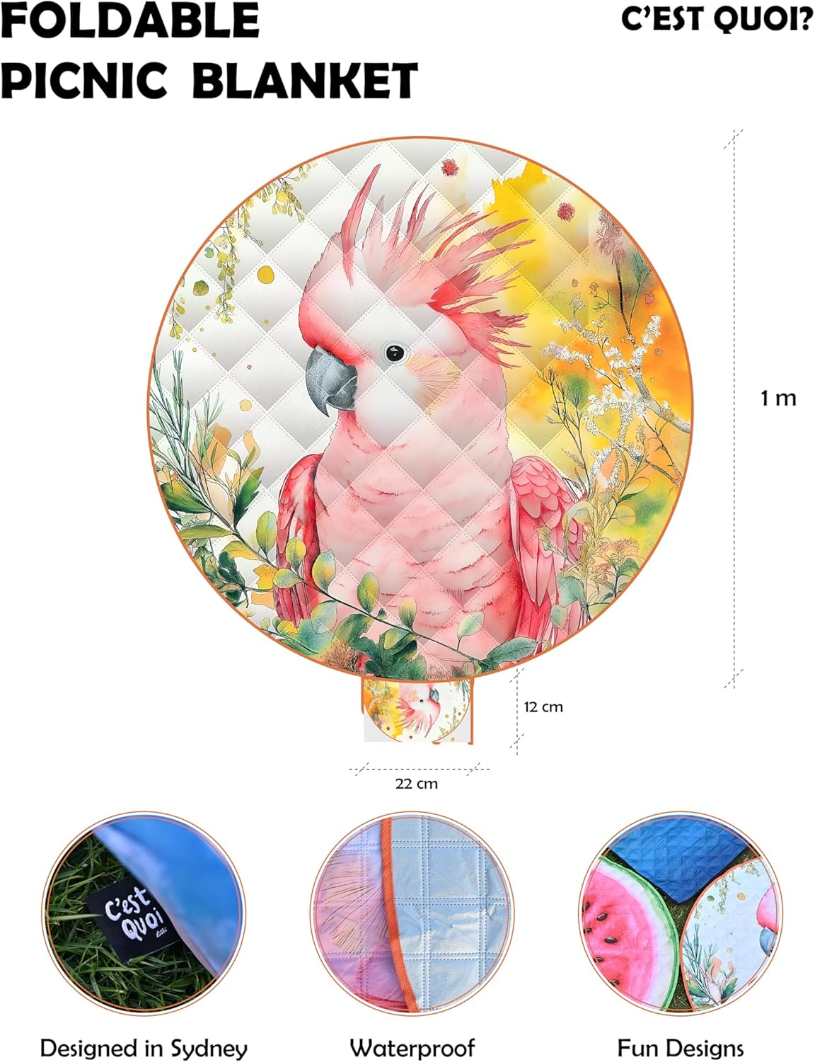 1M Outdoor Compact Picnic Blanket. Lightweight Foldable Waterproof Picnic Mat, Fun and Colourful. Designed in Sydney for Park, Beach, Camping, Courtyard, Music Festival (Pink Cockatoo) image number 1