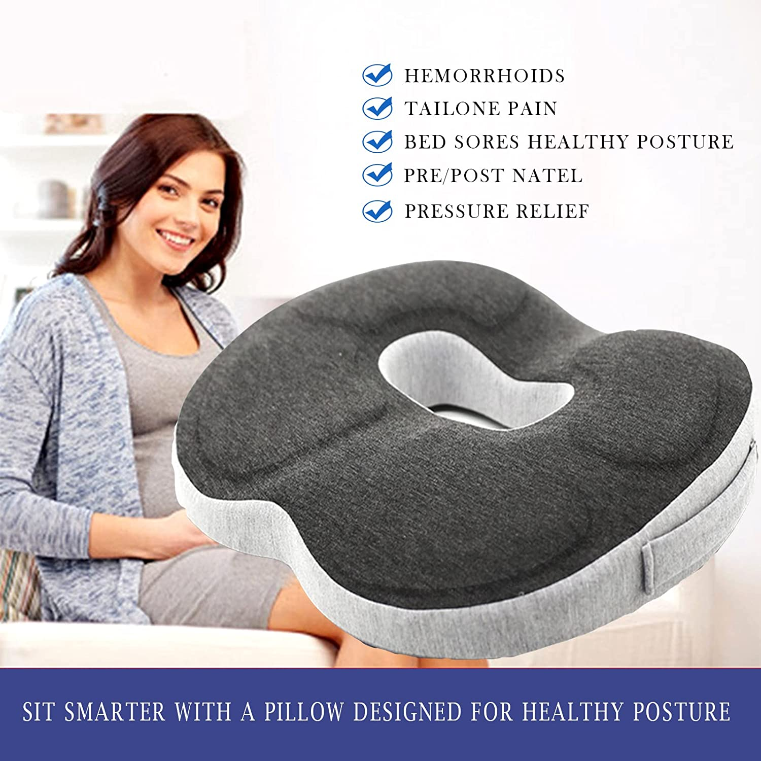 Seat Cushion with Non-Slip Bottom.Memory Foam Pad Donut Cushion for Tailbone and Coccyx Pain Relief,Hemorrhoid Orthopedic Car Seat,Lumbar and Lower Back Pain Support,For Wheelchair,Office Chair(Grey) image number 3