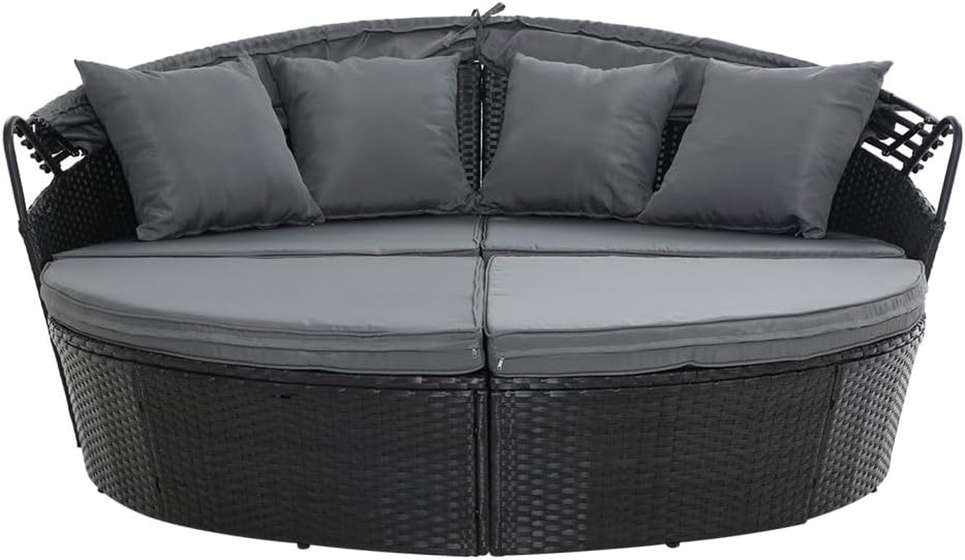 Gardeon Sun Lounge Camping Chair Wicker Folding Day Bed Rattan Lounger, Beach Chairs Sofa Outdoor Furniture Garden Patio Setting Pool Backyard, with Canopy Cushion Pillow Modular Design Black Set of 3 image number 3