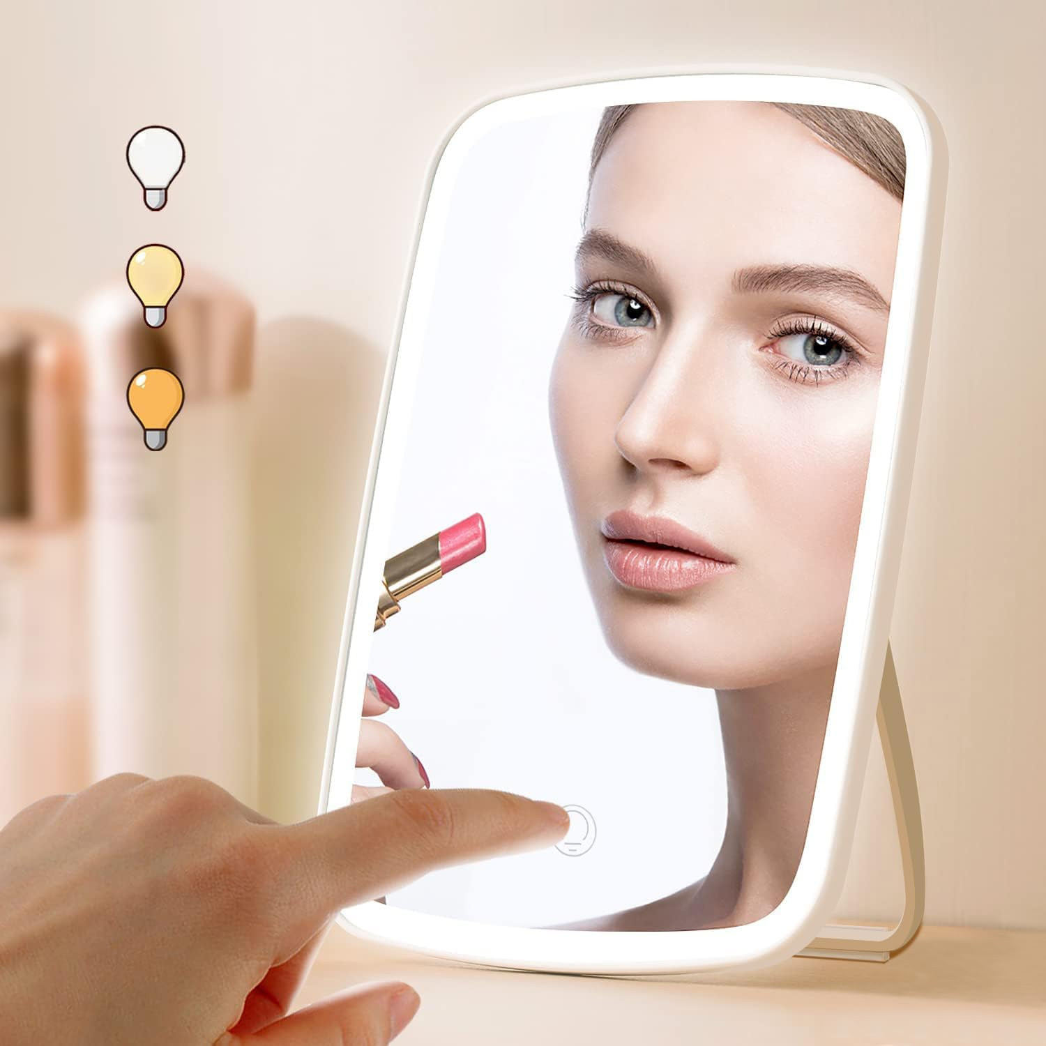 Lighted Makeup Mirror, [Silicone anti Slip] Touch Control Vanity Mirror with 3 Lights, Portable Travel Makeup Mirror, 2400 Mah Brightness Adjustable Cosmetic Light up Mirror, LED Mirror for Desk Dorm image number 1