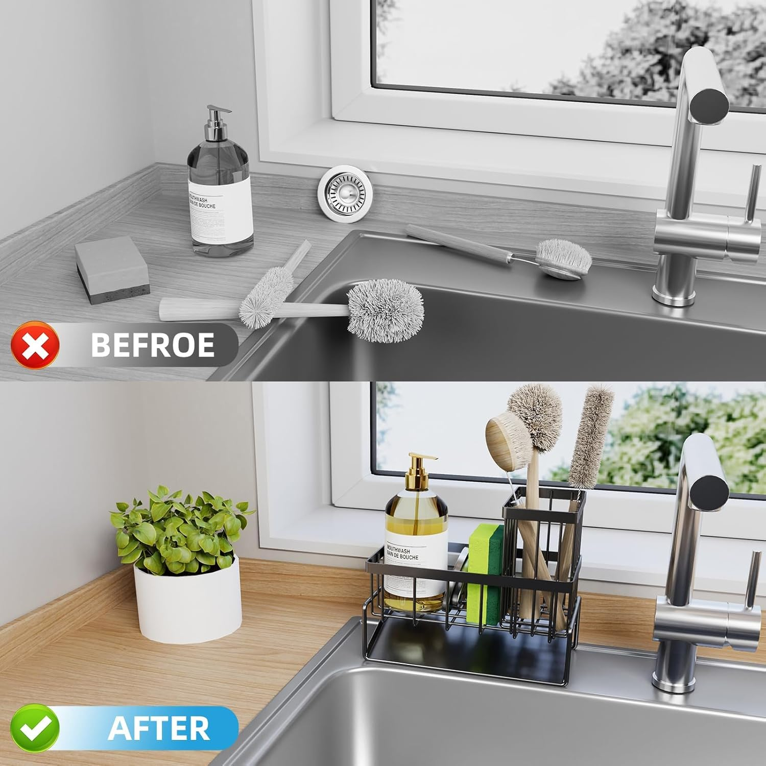 Sponge Holder for Kitchen Sink Caddy Organizer, Soap Sponge Caddy with Brush Holder, Rustproof Sink Accessory with Dividers for Storage Kitchen Gadgets image number 3